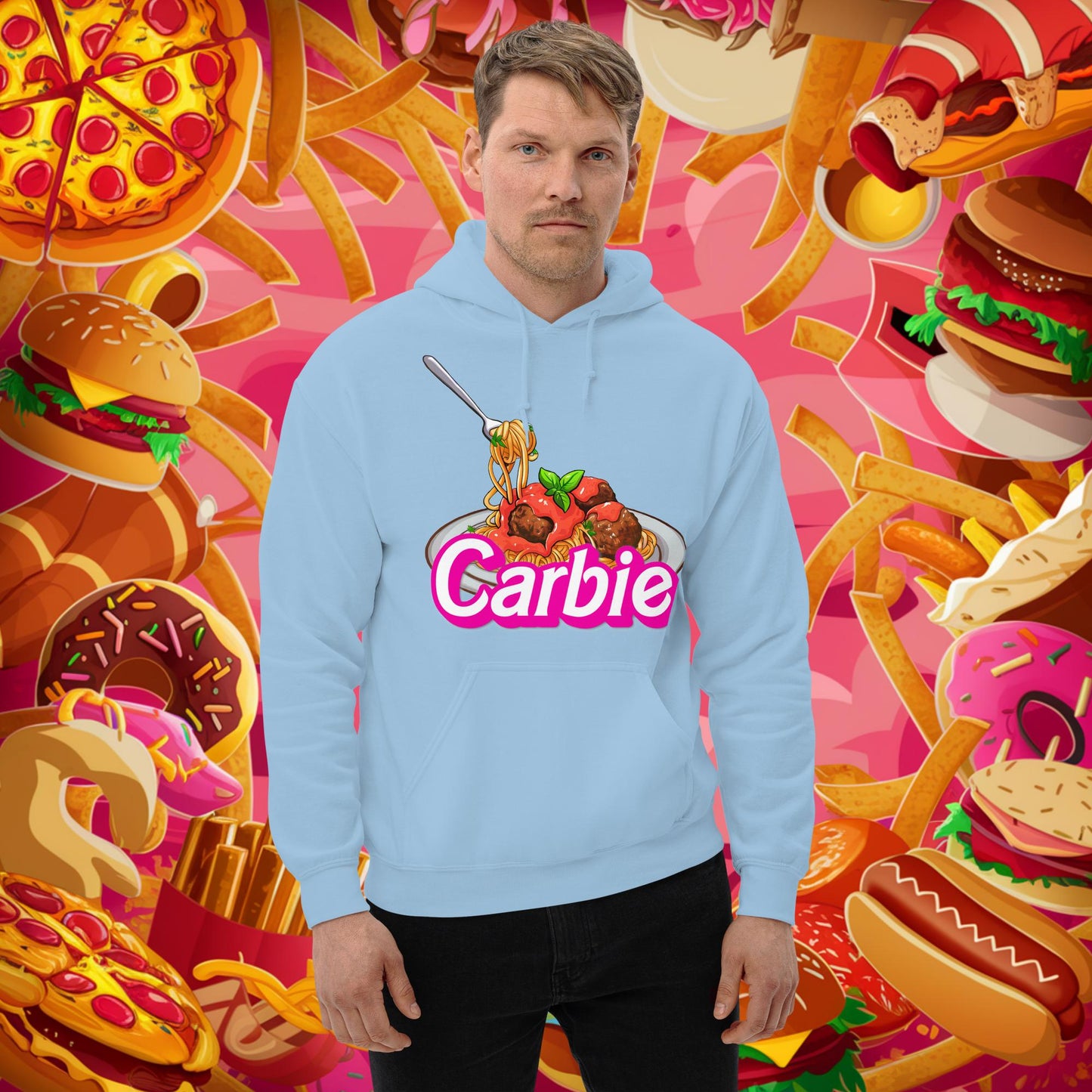 Carbie Barbie I Love Pasta I Love Carbs Unisex Hoodie Light Blue Hoodies Barbie Carbie Ken Movies Next Cult Brand