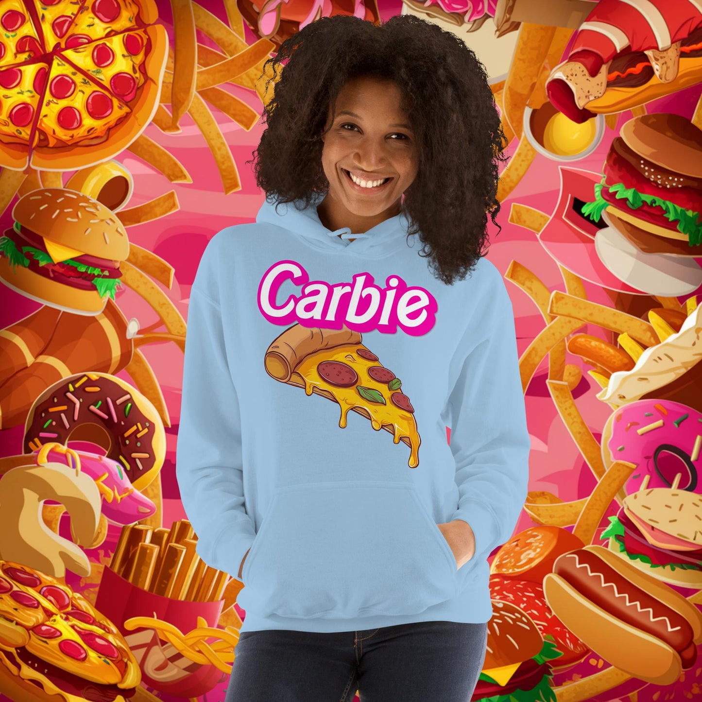 Carbie Barbie I Love Carbs I Love Pizza Unisex Hoodie Light Blue Hoodies Barbie Carbie Fast Food Ken Movies Pizza Next Cult Brand