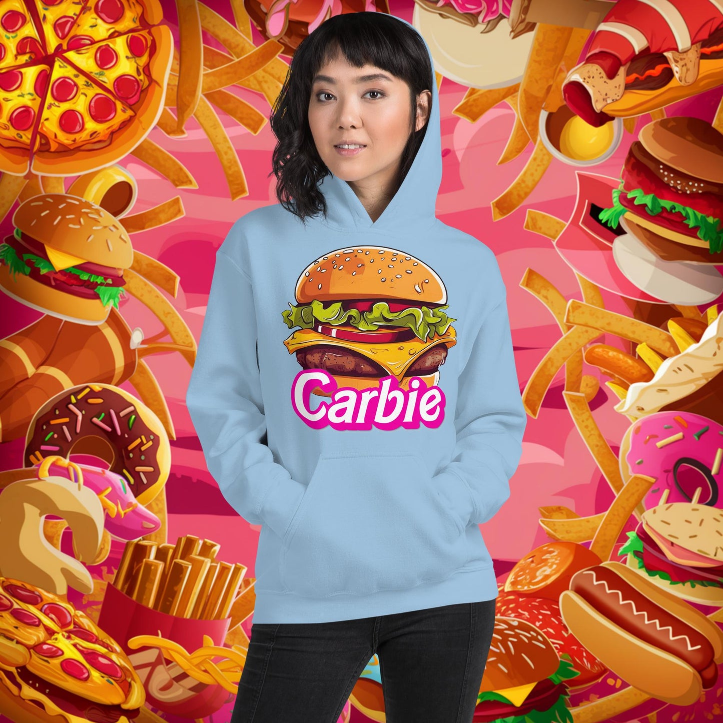 Carbie Barbie Cheeseburger Unisex Hoodie Light Blue Hoodies Barbie Burgers Carbie Fast Food Movies Next Cult Brand