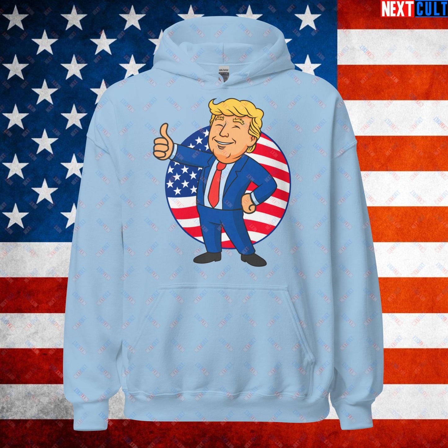 President Boy Donald Trump Politics Vault Boy Fallout Funny Meme Cartoon Mashup Unisex Hoodie Light Blue Hoodies Donald Trump Fallout Politics Republicans Vault Boy Next Cult Brand