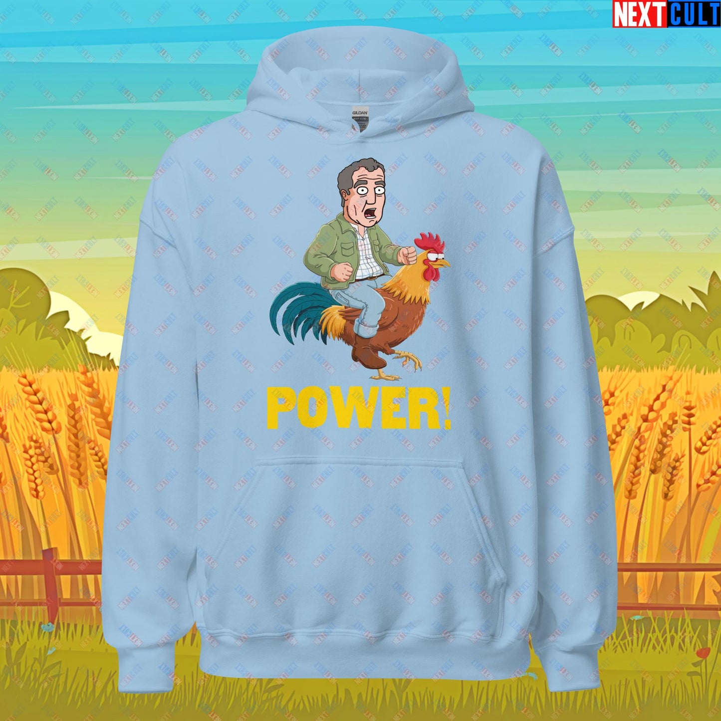 Power Rooster Chicken Farming Jeremy Clarkson's Farm Diddly Squat Grand Tour Top Gear Funny Meme Cartoon Unisex Hoodie Light Blue Hoodies Clarkson's Farm Grand Tour Jeremy Clarkson Top Gear TV Shows Next Cult Brand