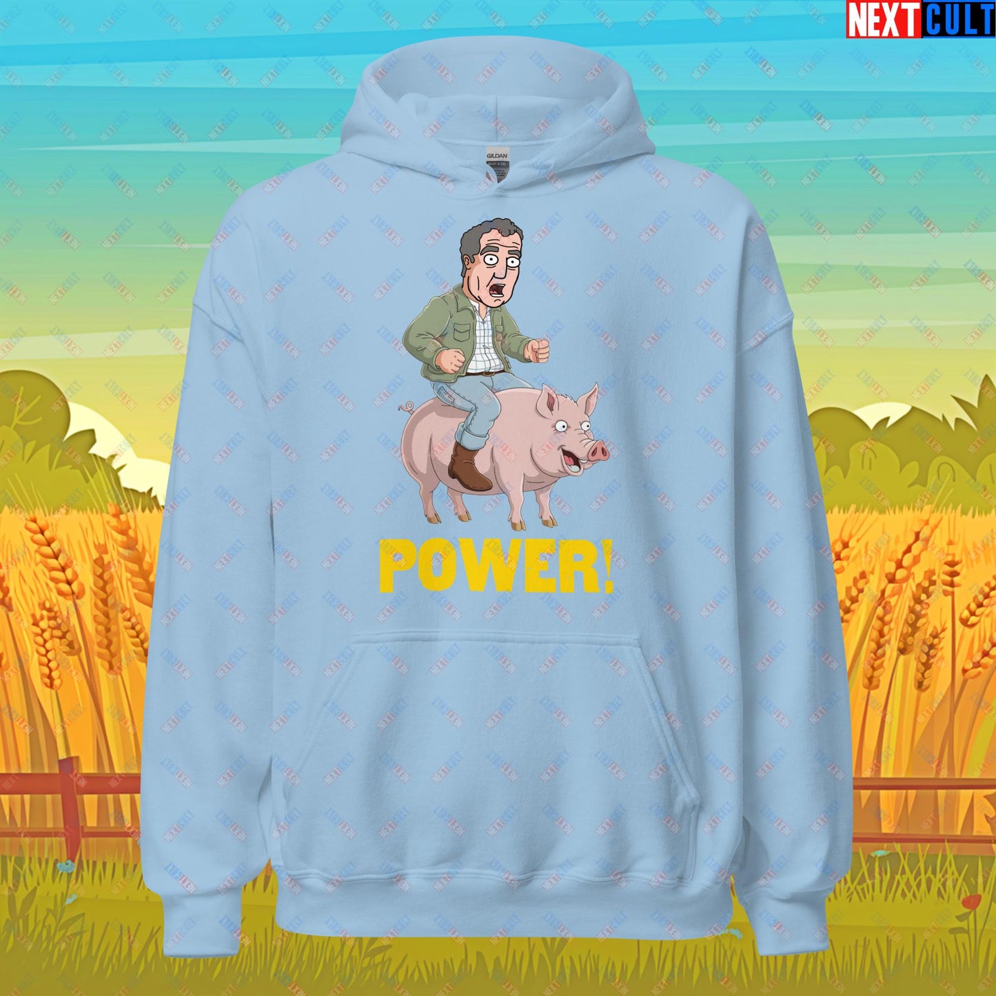 Power Pig Farming Jeremy Clarkson's Farm Diddly Squat Grand Tour Top Gear Funny Meme Cartoon Unisex Hoodie Light Blue Hoodies Clarkson's Farm Grand Tour Jeremy Clarkson Top Gear TV Shows Next Cult Brand
