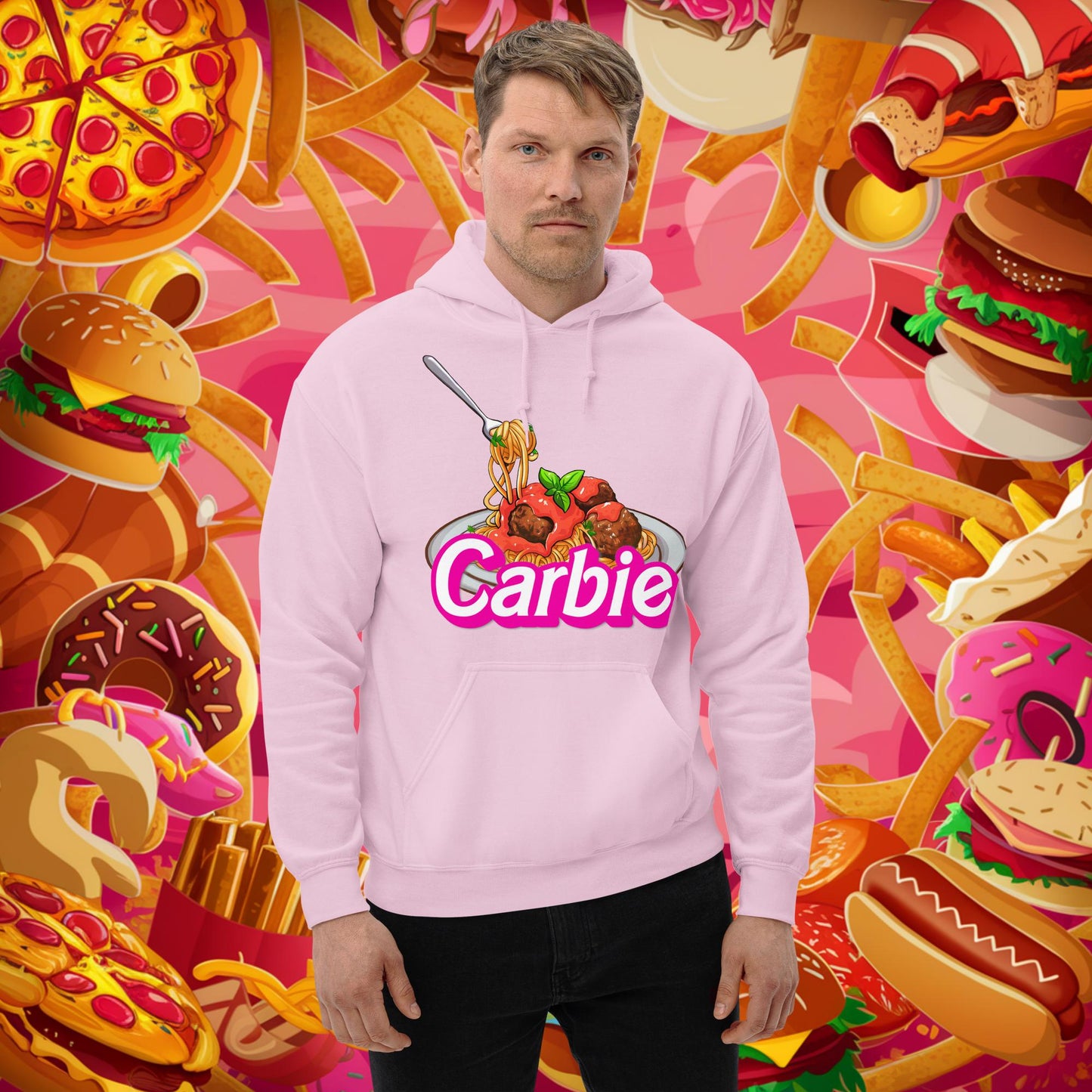 Carbie Barbie I Love Pasta I Love Carbs Unisex Hoodie Light Pink Hoodies Barbie Carbie Ken Movies Next Cult Brand