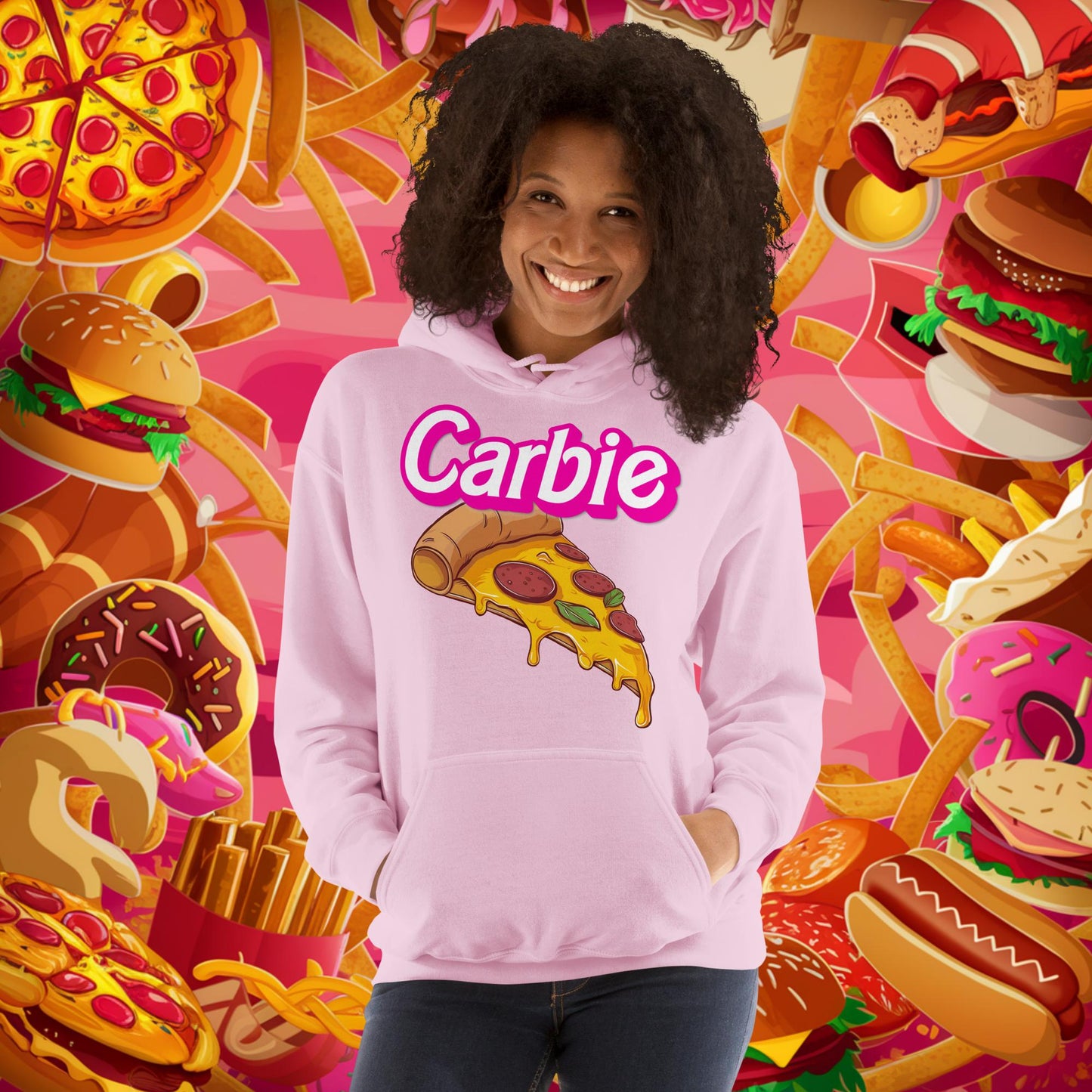 Carbie Barbie I Love Carbs I Love Pizza Unisex Hoodie Light Pink Hoodies Barbie Carbie Fast Food Ken Movies Pizza Next Cult Brand
