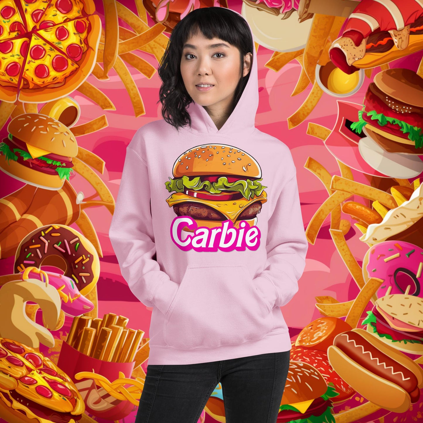 Carbie Barbie Cheeseburger Unisex Hoodie Light Pink Hoodies Barbie Burgers Carbie Fast Food Movies Next Cult Brand