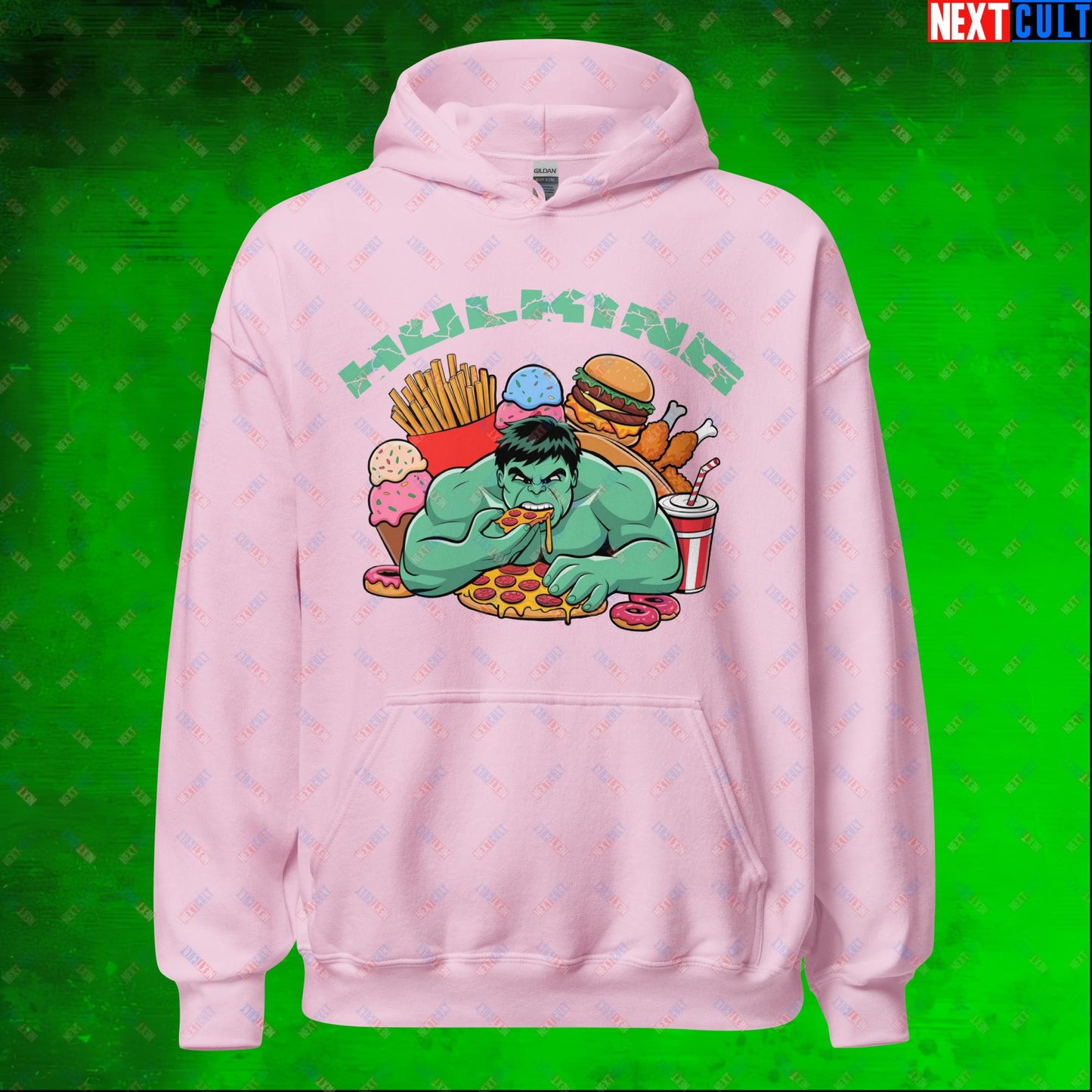 Hulking Bulking Funny Gym Meme Cartoon Unisex Hoodie Light Pink Hoodies Avengers Bulking Fast Food Fitness Gym Hulk Movies Workout Next Cult Brand