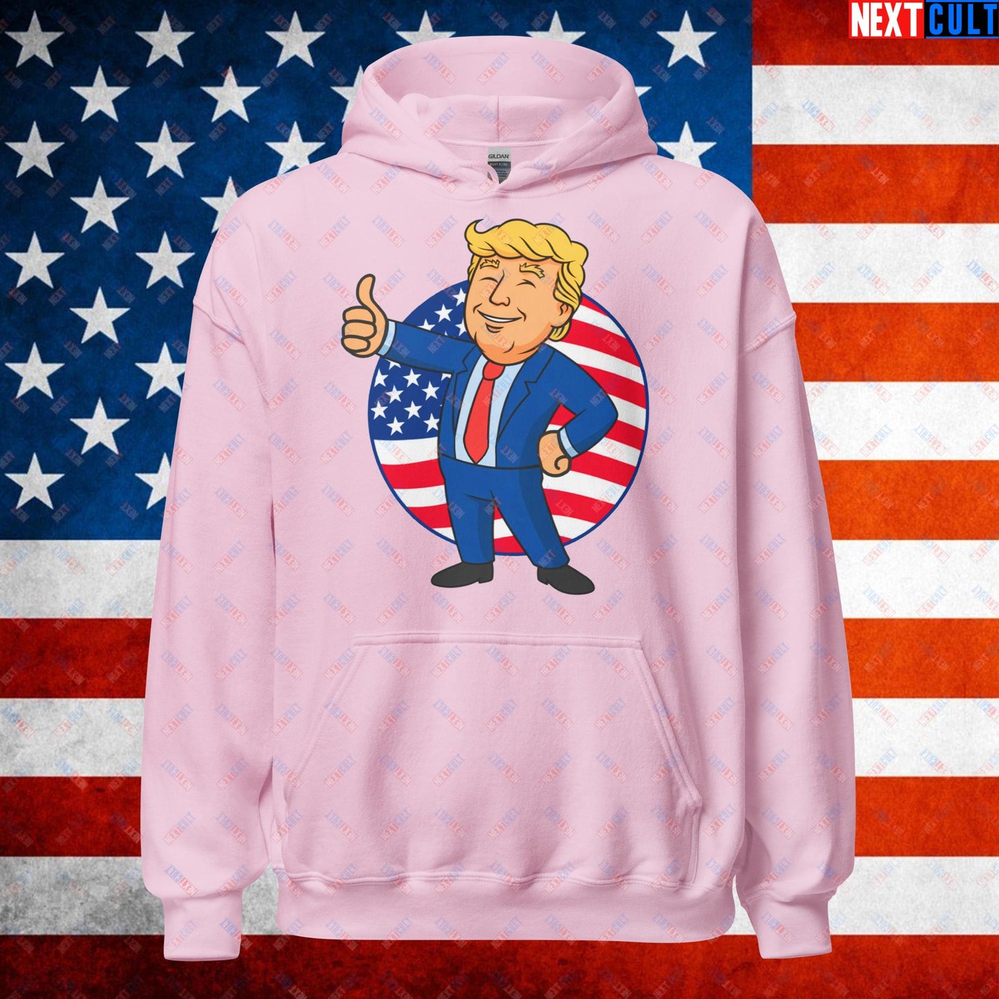 President Boy Donald Trump Politics Vault Boy Fallout Funny Meme Cartoon Mashup Unisex Hoodie Light Pink Hoodies Donald Trump Fallout Politics Republicans Vault Boy Next Cult Brand