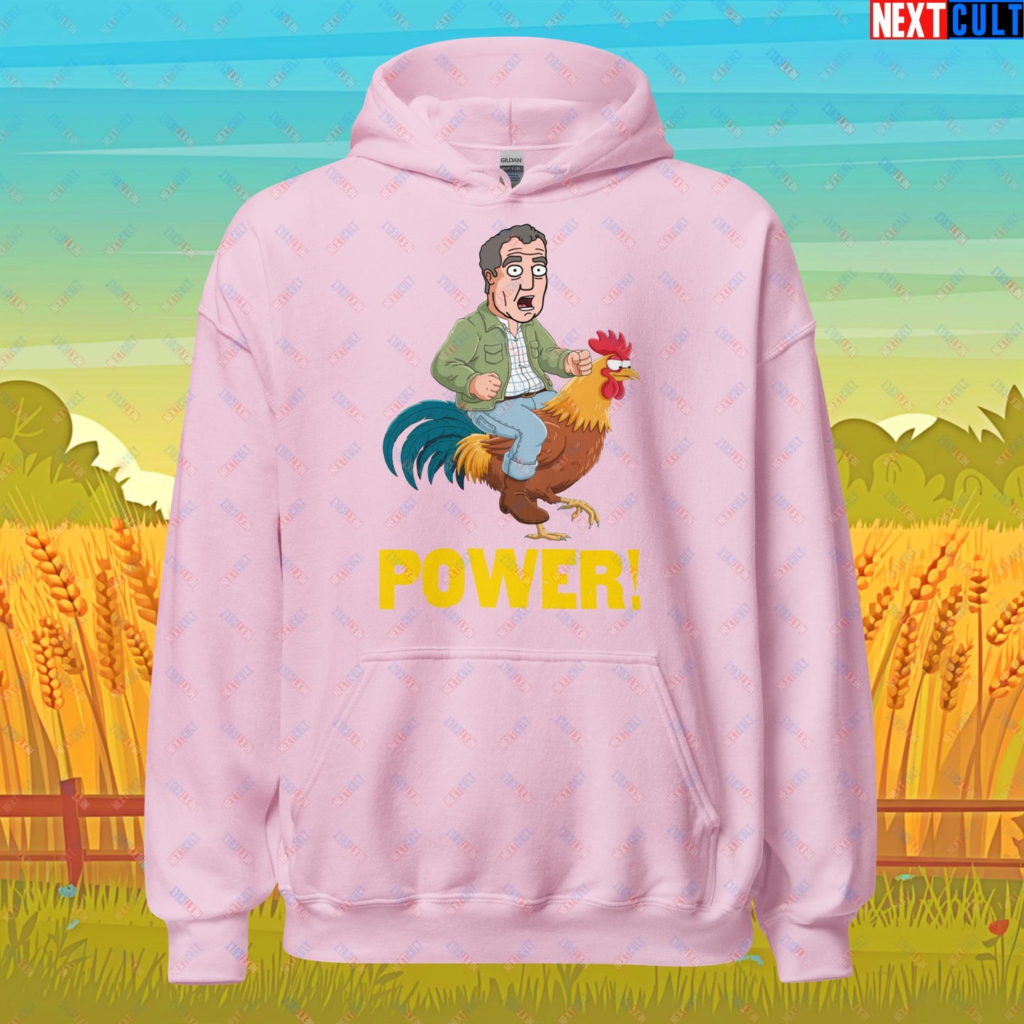 Power Rooster Chicken Farming Jeremy Clarkson's Farm Diddly Squat Grand Tour Top Gear Funny Meme Cartoon Unisex Hoodie Light Pink Hoodies Clarkson's Farm Grand Tour Jeremy Clarkson Top Gear TV Shows Next Cult Brand
