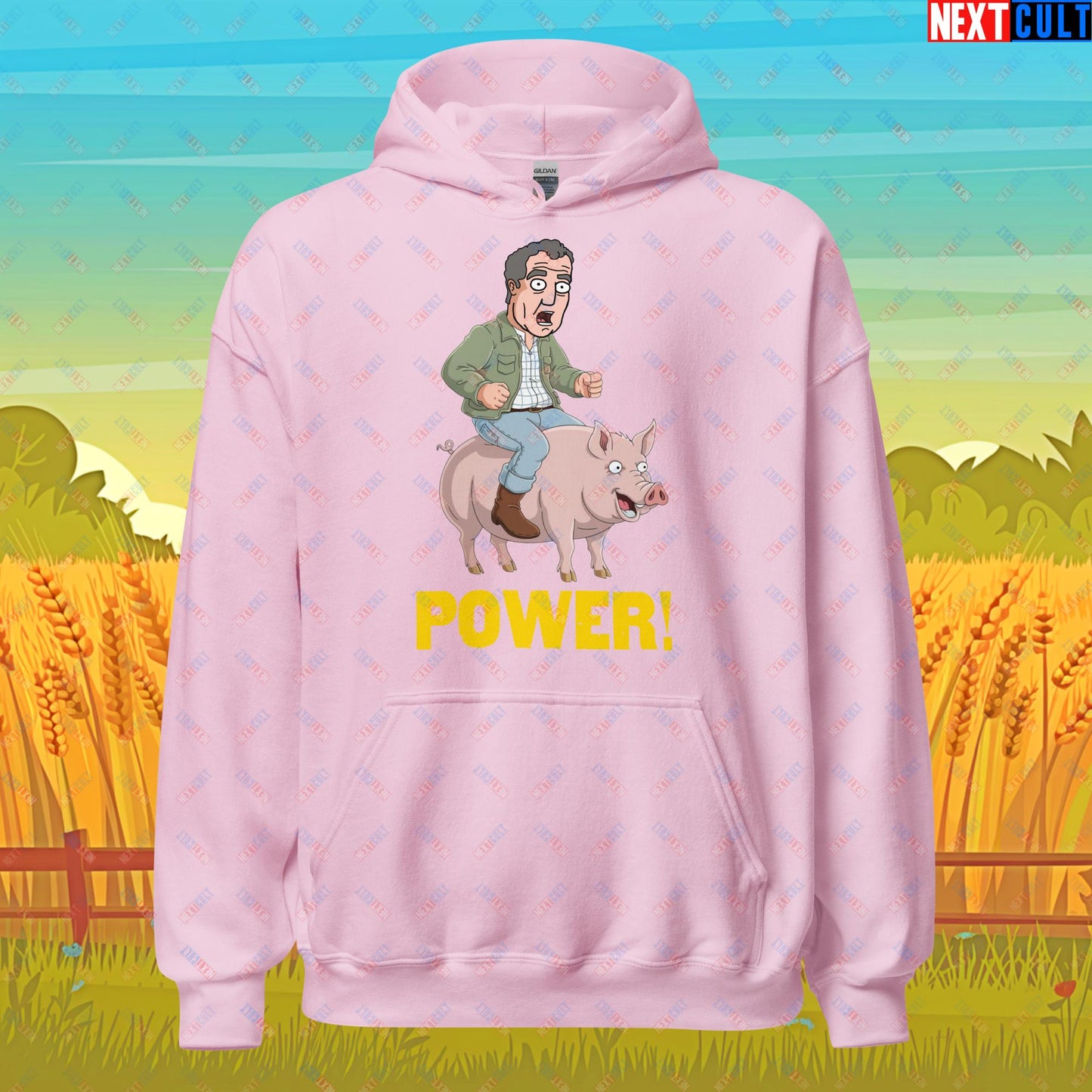 Power Pig Farming Jeremy Clarkson's Farm Diddly Squat Grand Tour Top Gear Funny Meme Cartoon Unisex Hoodie Light Pink Hoodies Clarkson's Farm Grand Tour Jeremy Clarkson Top Gear TV Shows Next Cult Brand