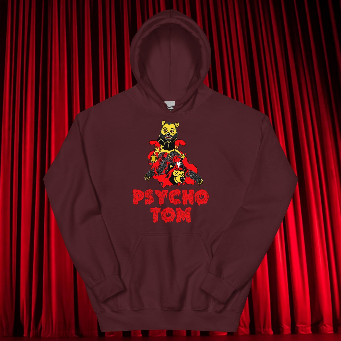 Psycho Tom Segura Hoodie, Tom Segura Hoodie, Your Moms House Hoodie, YMH Hoodie, YMH Merch Your Moms House merch, 2 Bears 1 Cave Hoodie, 2B1C Hoodie Maroon Hoodies 2 Bears 1 Cave Podcasts Stand-up Comedy Tom Segura YMH Next Cult Brand