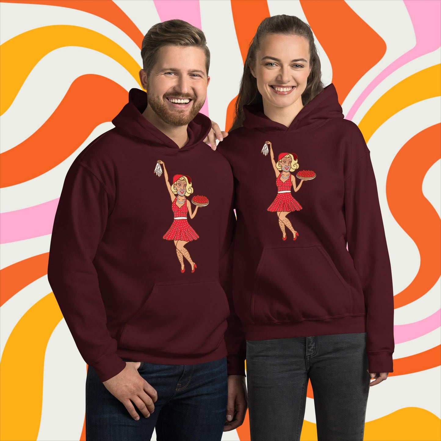 Thinnn Boy Bake Club The Fighter and The Kid TFATK Podcast Comedy 60s retro housewife Bryan Callen Unisex Hoodie Maroon Hoodies Bryan Callen Podcasts Stand-up Comedy The Fighter and The Kid (TFATK) Thinnn Boy Bake Club Next Cult Brand