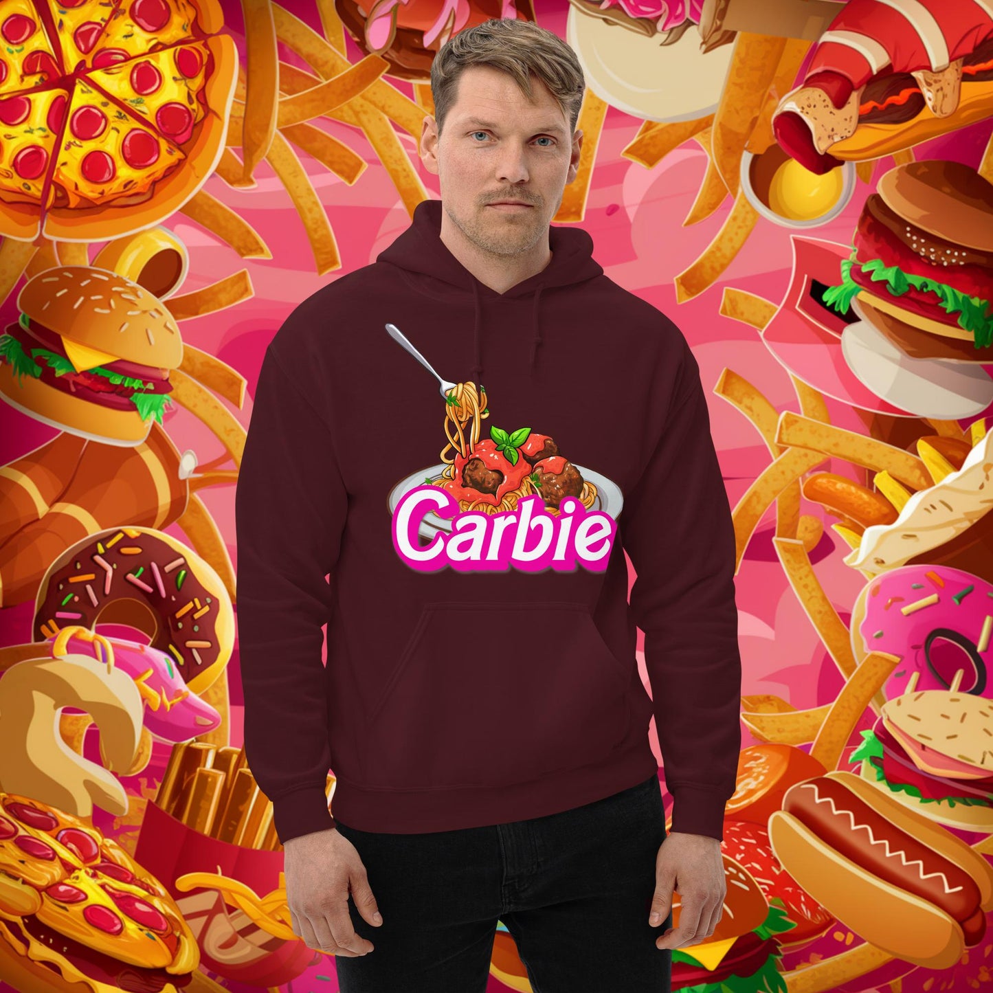 Carbie Barbie I Love Pasta I Love Carbs Unisex Hoodie Maroon Hoodies Barbie Carbie Ken Movies Next Cult Brand