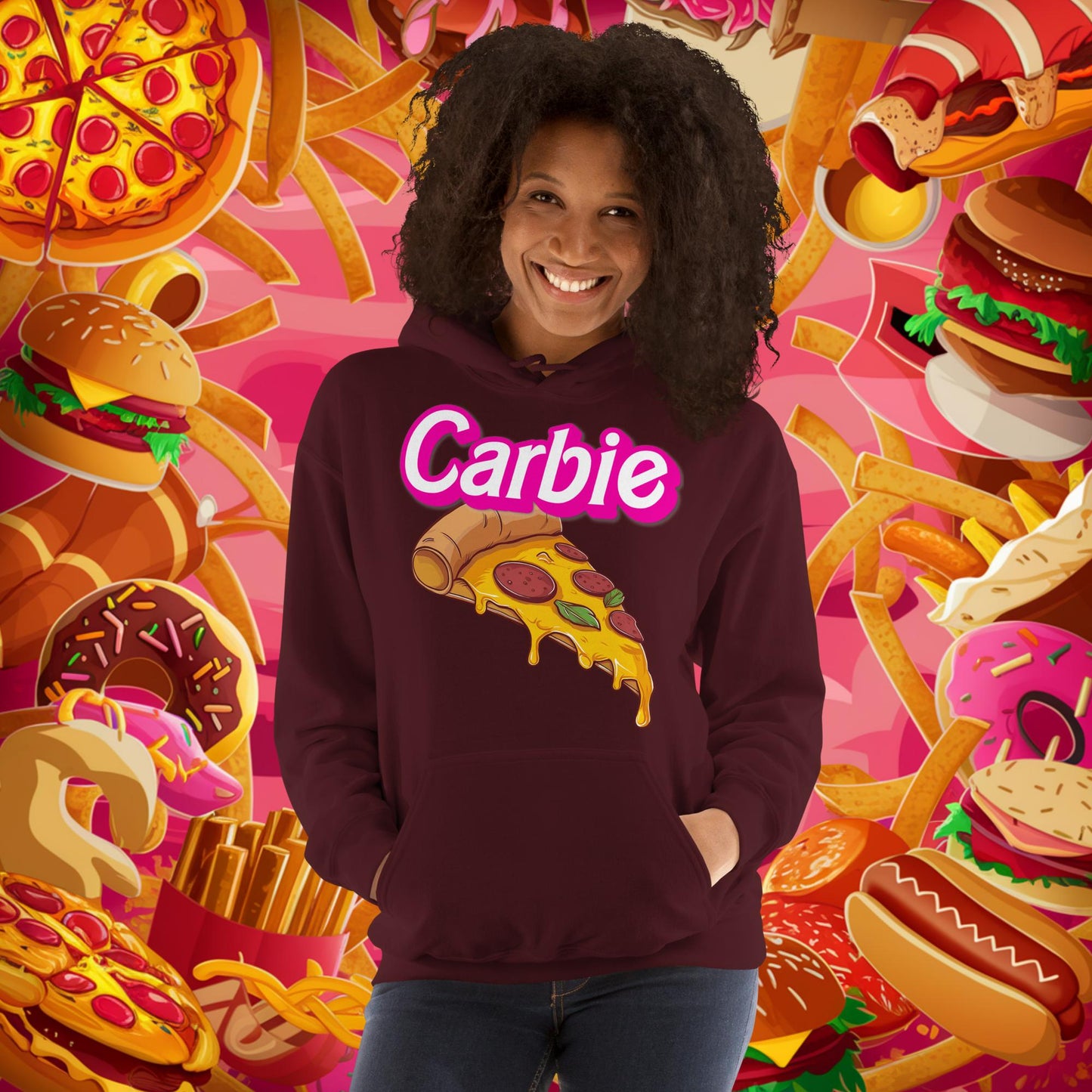 Carbie Barbie I Love Carbs I Love Pizza Unisex Hoodie Maroon Hoodies Barbie Carbie Fast Food Ken Movies Pizza Next Cult Brand