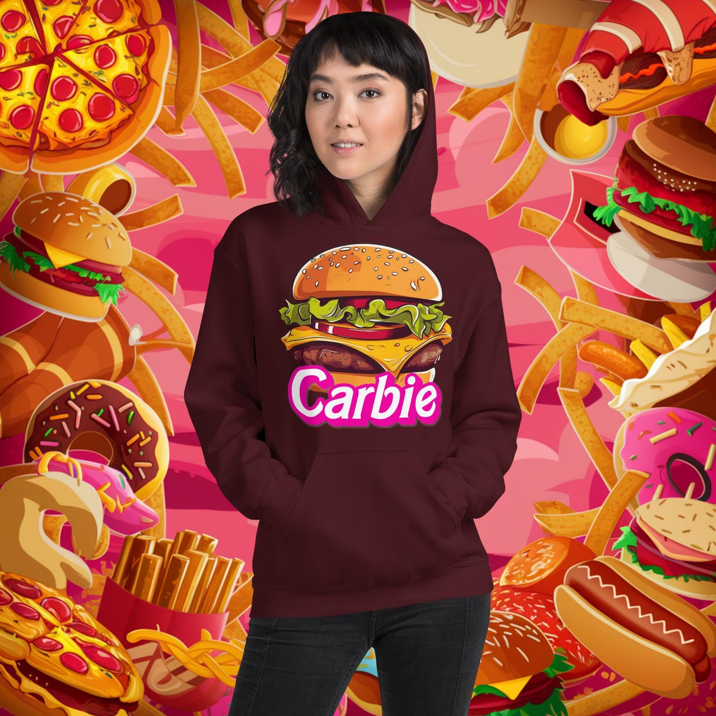 Carbie Barbie Cheeseburger Unisex Hoodie Maroon Hoodies Barbie Burgers Carbie Fast Food Movies Next Cult Brand
