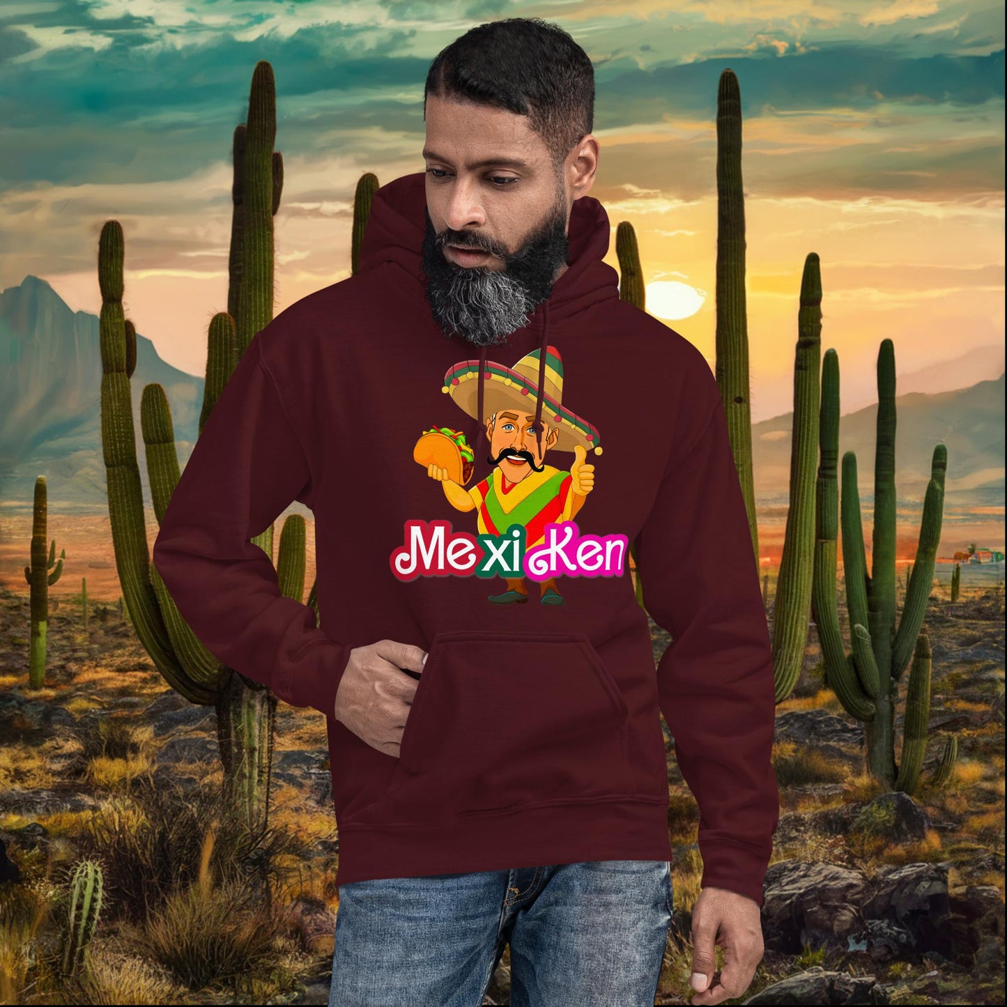 MexiKen Ken Barbie Movie Ryan Gosling Mexican Unisex Hoodie Maroon Hoodies Barbie Celebrities Ken Mexico Movies Ryan Gosling Next Cult Brand