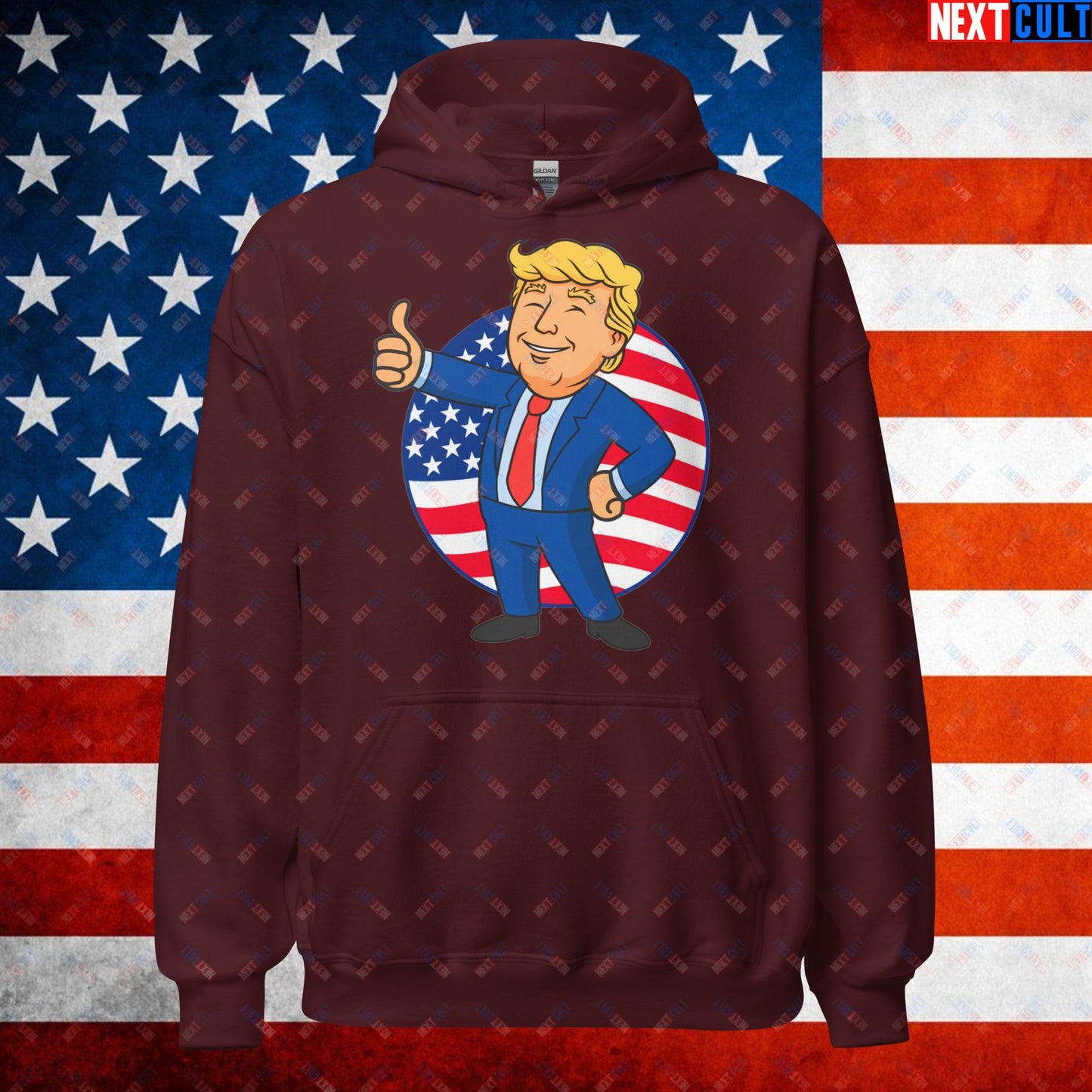 President Boy Donald Trump Politics Vault Boy Fallout Funny Meme Cartoon Mashup Unisex Hoodie Maroon Hoodies Donald Trump Fallout Politics Republicans Vault Boy Next Cult Brand