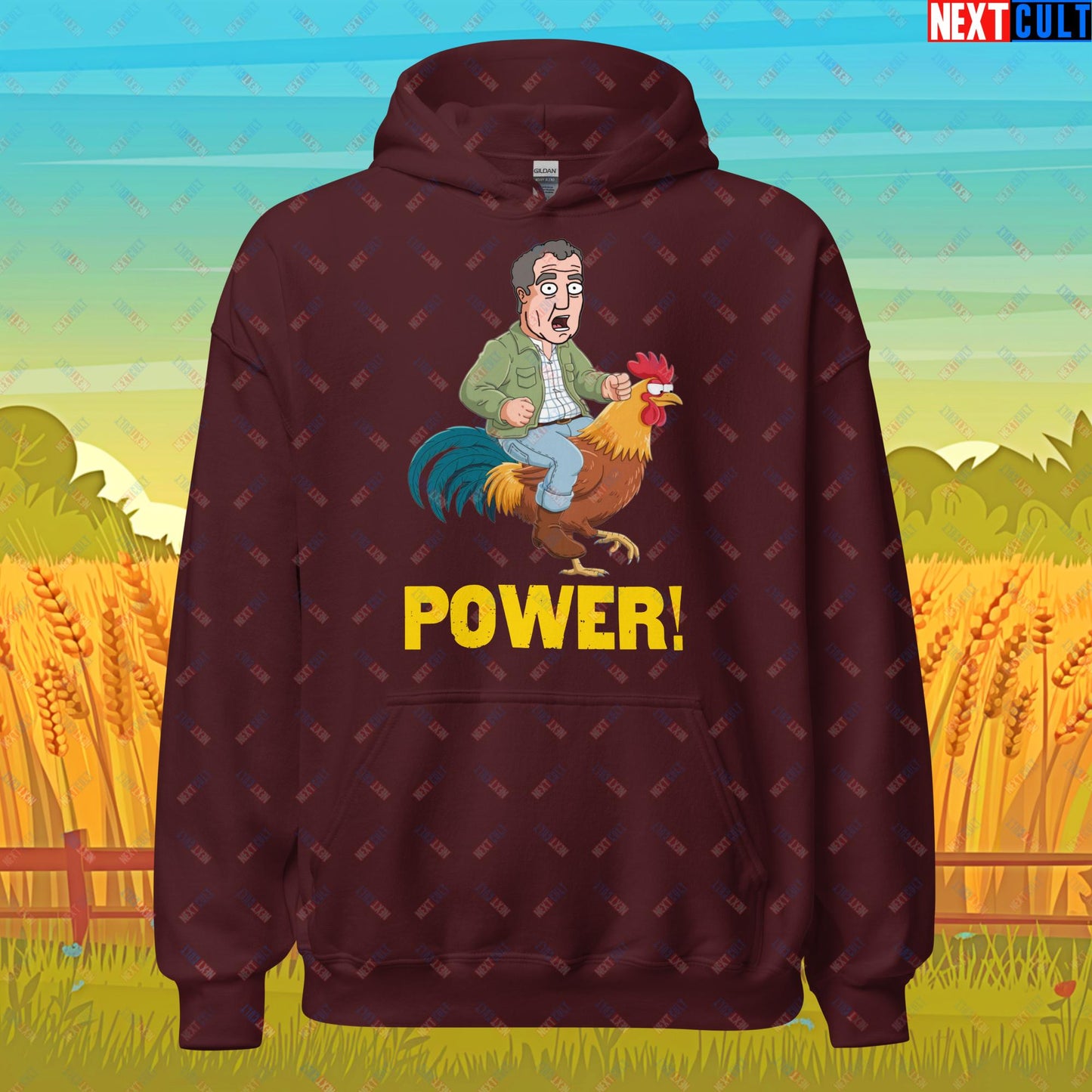Power Rooster Chicken Farming Jeremy Clarkson's Farm Diddly Squat Grand Tour Top Gear Funny Meme Cartoon Unisex Hoodie Maroon Hoodies Clarkson's Farm Grand Tour Jeremy Clarkson Top Gear TV Shows Next Cult Brand