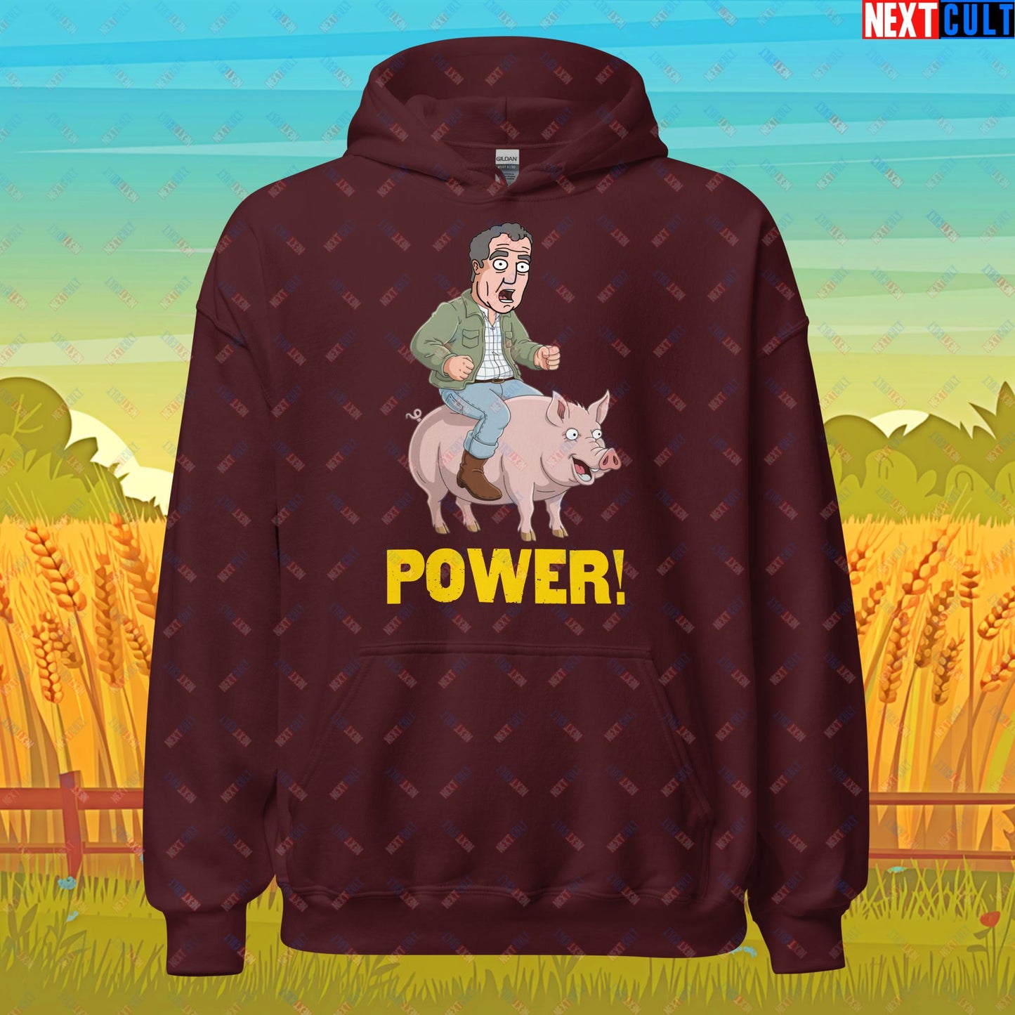Power Pig Farming Jeremy Clarkson's Farm Diddly Squat Grand Tour Top Gear Funny Meme Cartoon Unisex Hoodie Maroon Hoodies Clarkson's Farm Grand Tour Jeremy Clarkson Top Gear TV Shows Next Cult Brand