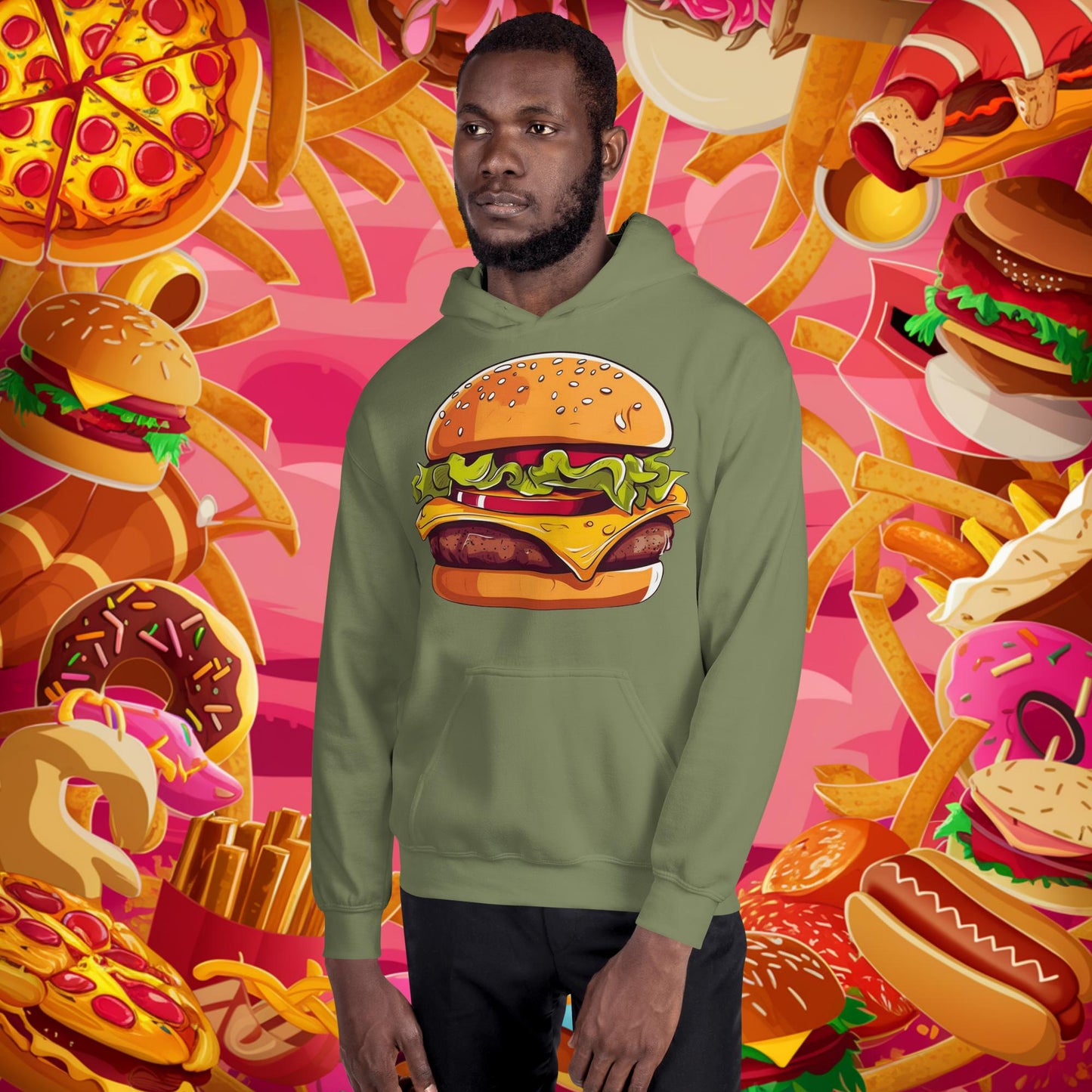 Cheeseburger I Love Burgers Unisex Hoodie Military Green Hoodies Burgers Fast Food Next Cult Brand