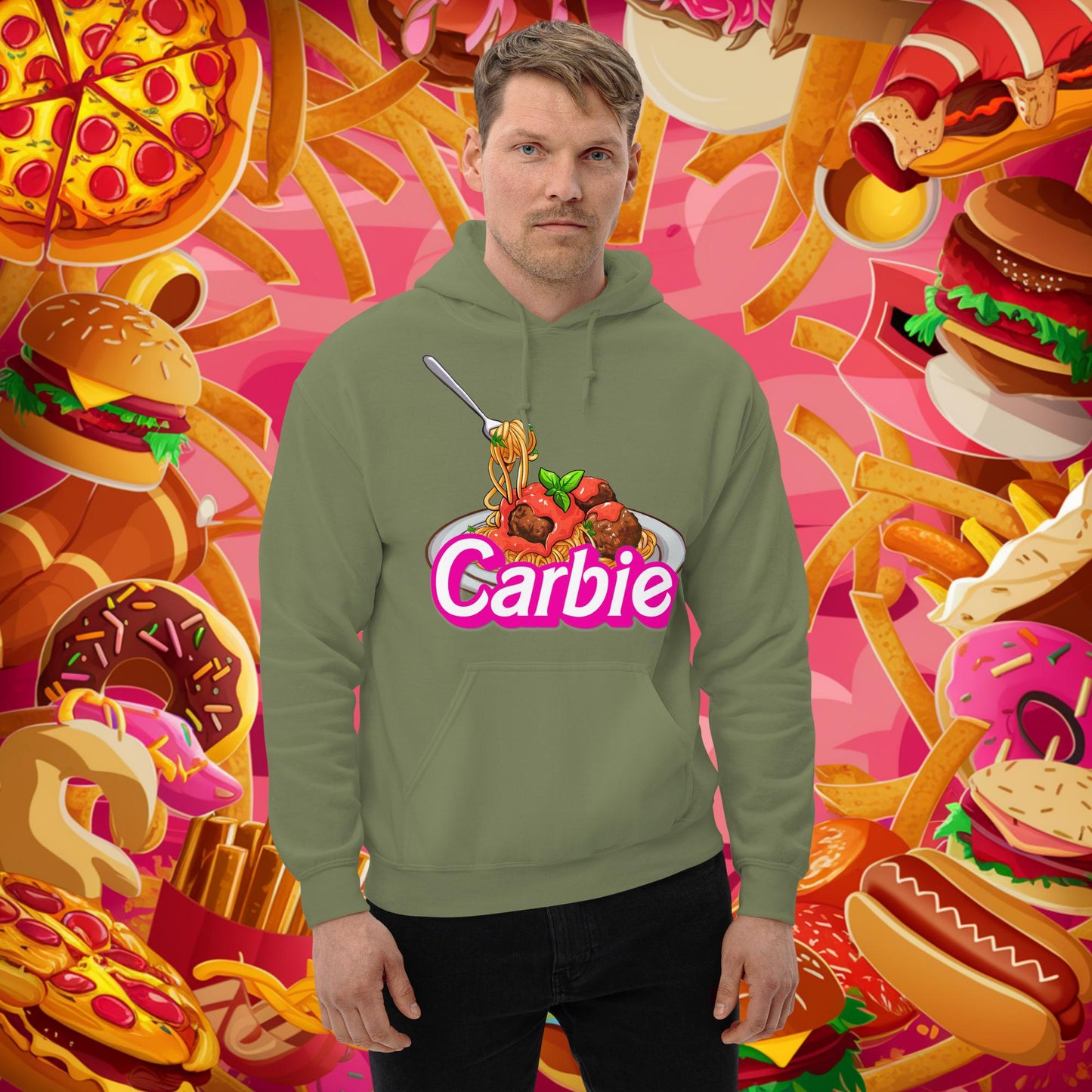 Carbie Barbie I Love Pasta I Love Carbs Unisex Hoodie Military Green Hoodies Barbie Carbie Ken Movies Next Cult Brand