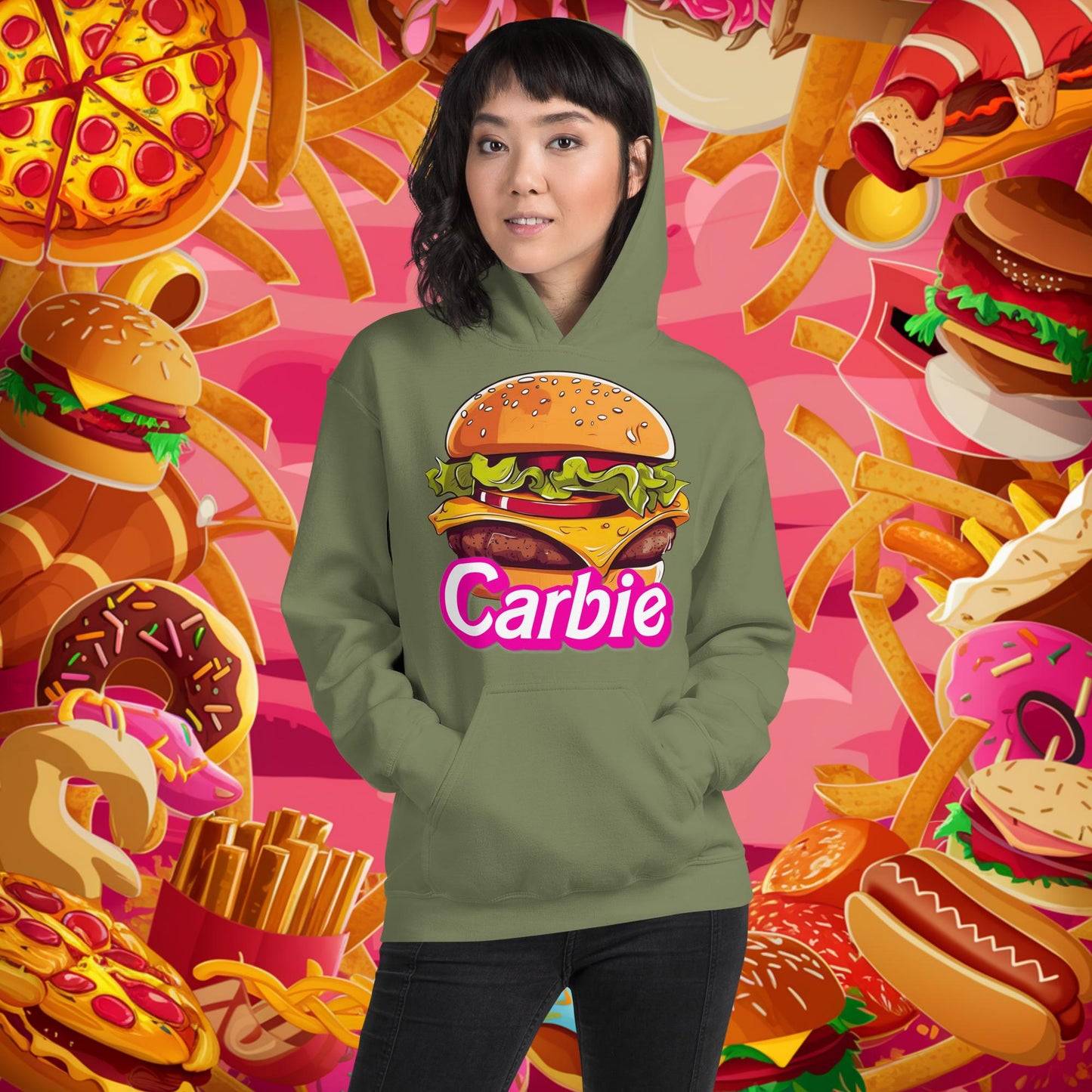 Carbie Barbie Cheeseburger Unisex Hoodie Military Green Hoodies Barbie Burgers Carbie Fast Food Movies Next Cult Brand