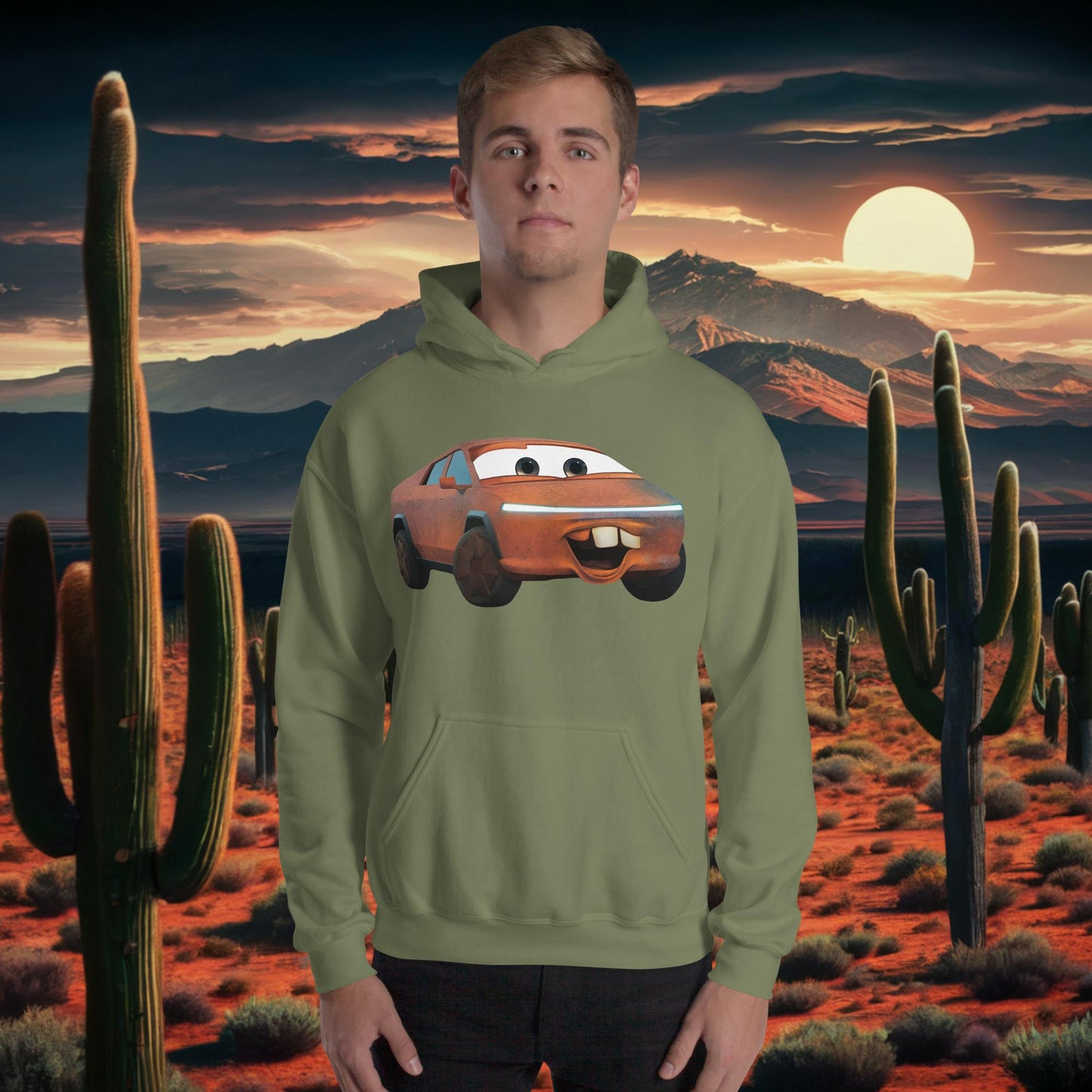 Rusty Tesla Cybertruck Elon Musk Cars Movie Tow Mater Unisex Hoodie Military Green Hoodies Cars Movie Celebrities Cybertruck Elon Musk Movies Tesla Next Cult Brand