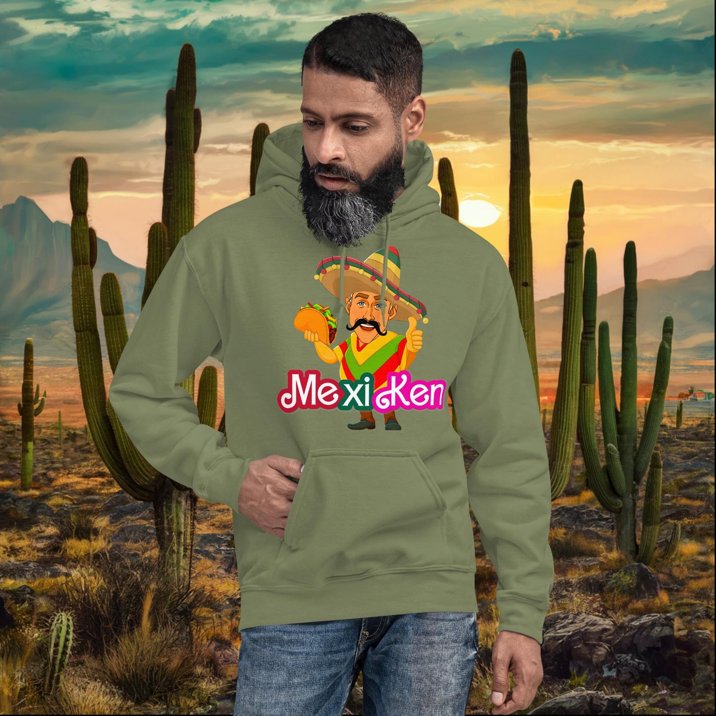 MexiKen Ken Barbie Movie Ryan Gosling Mexican Unisex Hoodie Military Green Hoodies Barbie Celebrities Ken Mexico Movies Ryan Gosling Next Cult Brand