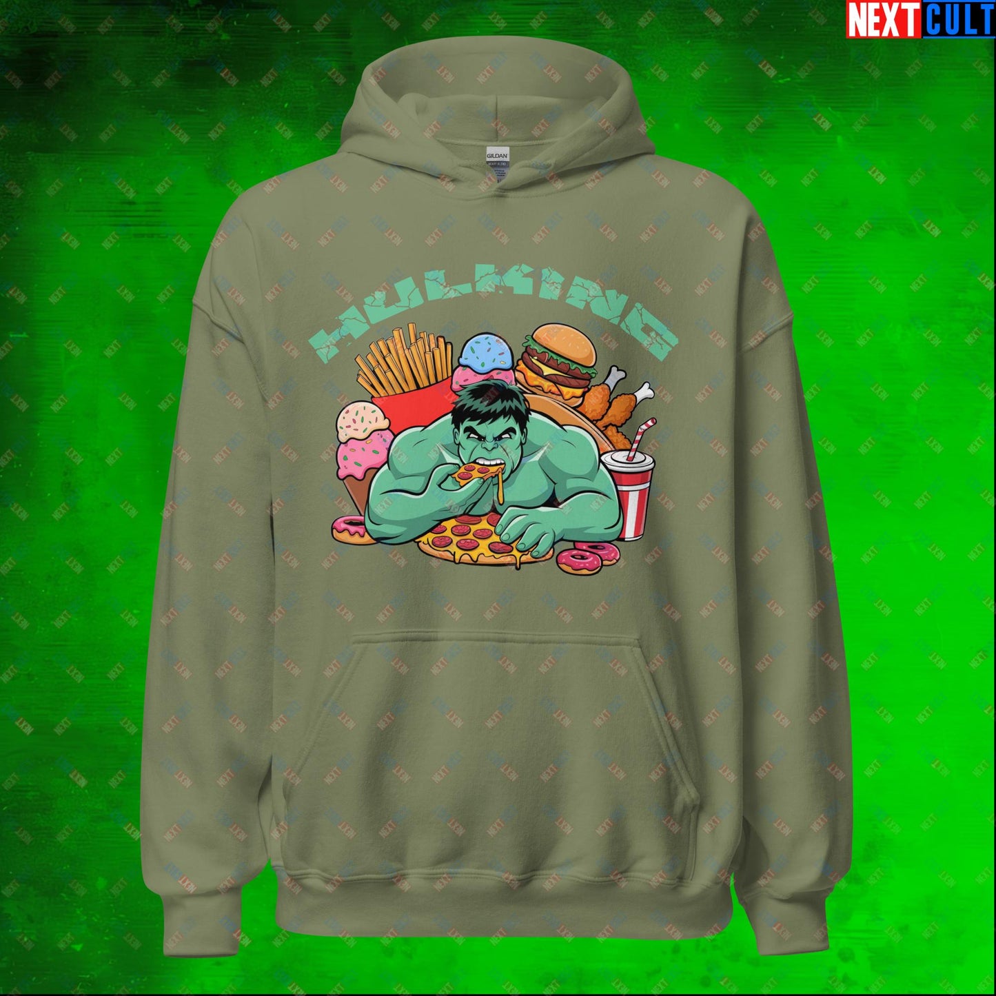 Hulking Bulking Funny Gym Meme Cartoon Unisex Hoodie Military Green Hoodies Avengers Bulking Fast Food Fitness Gym Hulk Movies Workout Next Cult Brand
