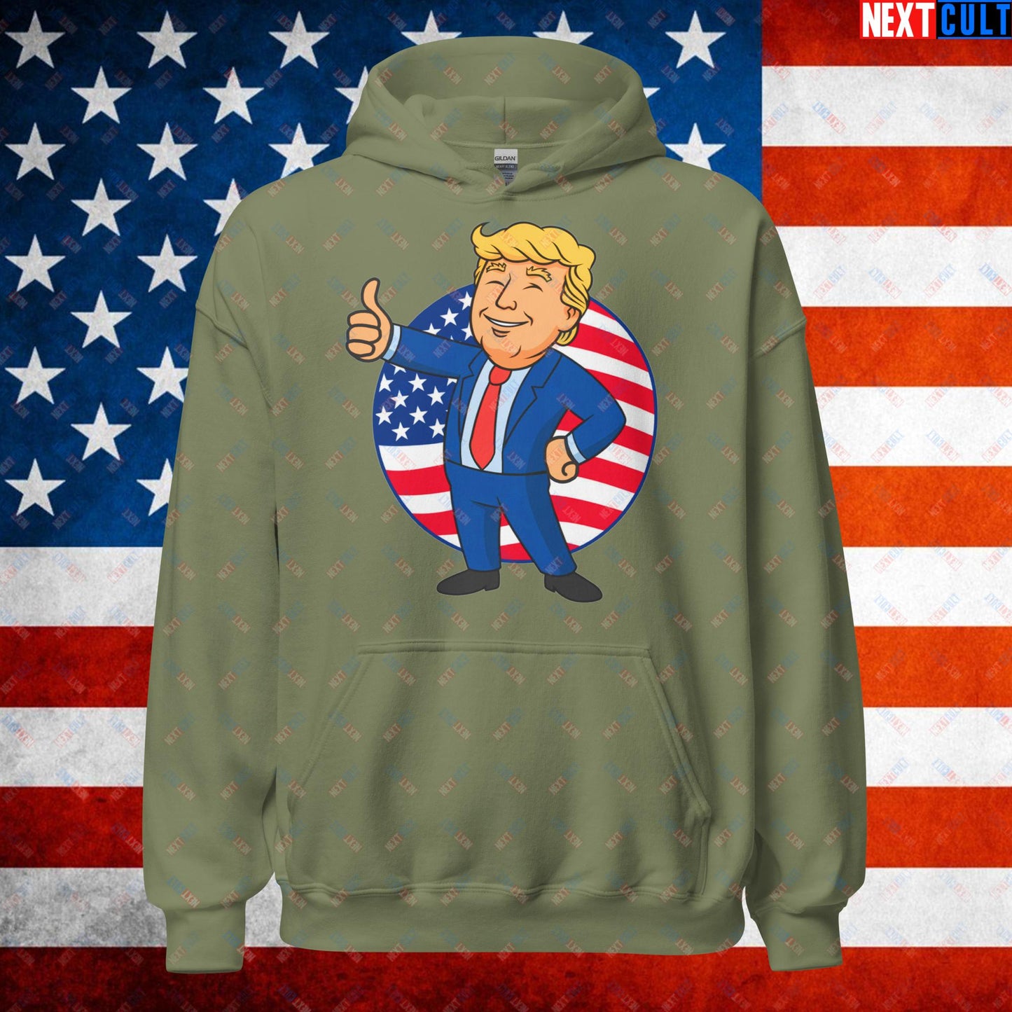 President Boy Donald Trump Politics Vault Boy Fallout Funny Meme Cartoon Mashup Unisex Hoodie Military Green Hoodies Donald Trump Fallout Politics Republicans Vault Boy Next Cult Brand