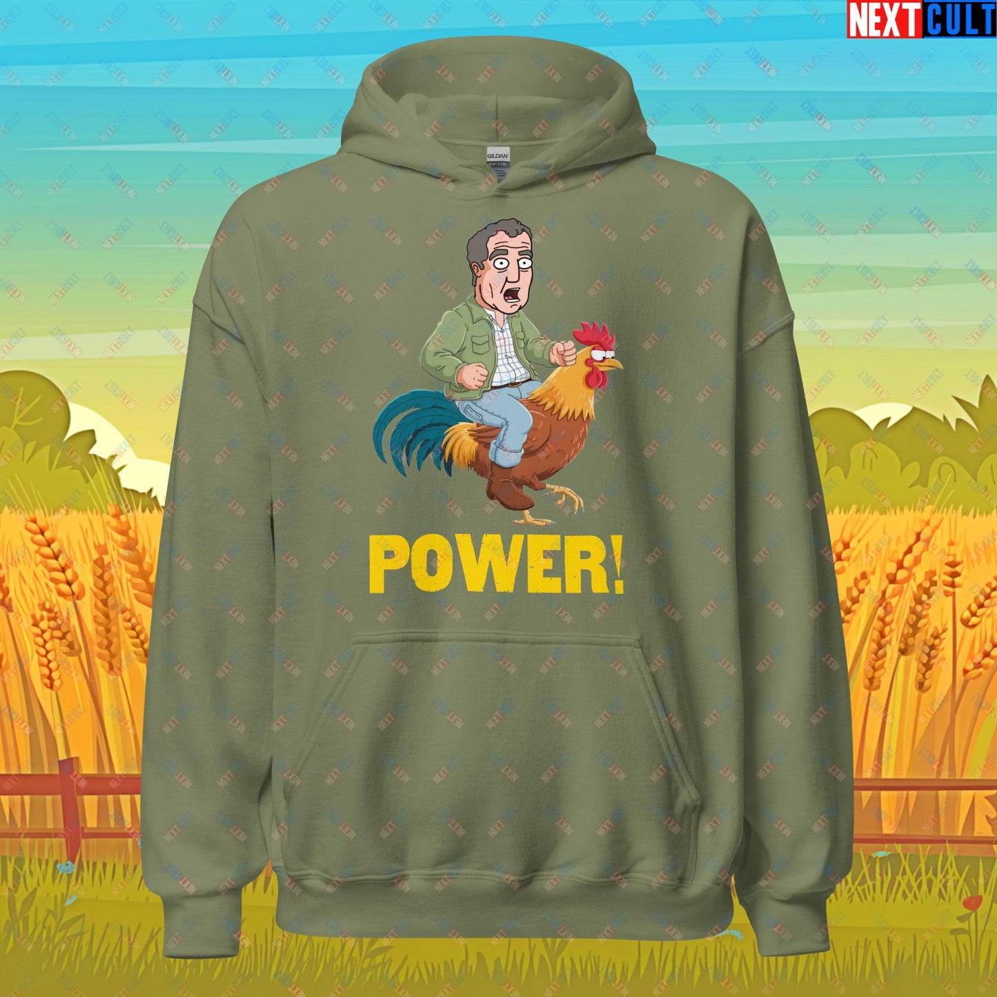 Power Rooster Chicken Farming Jeremy Clarkson's Farm Diddly Squat Grand Tour Top Gear Funny Meme Cartoon Unisex Hoodie Military Green Hoodies Clarkson's Farm Grand Tour Jeremy Clarkson Top Gear TV Shows Next Cult Brand