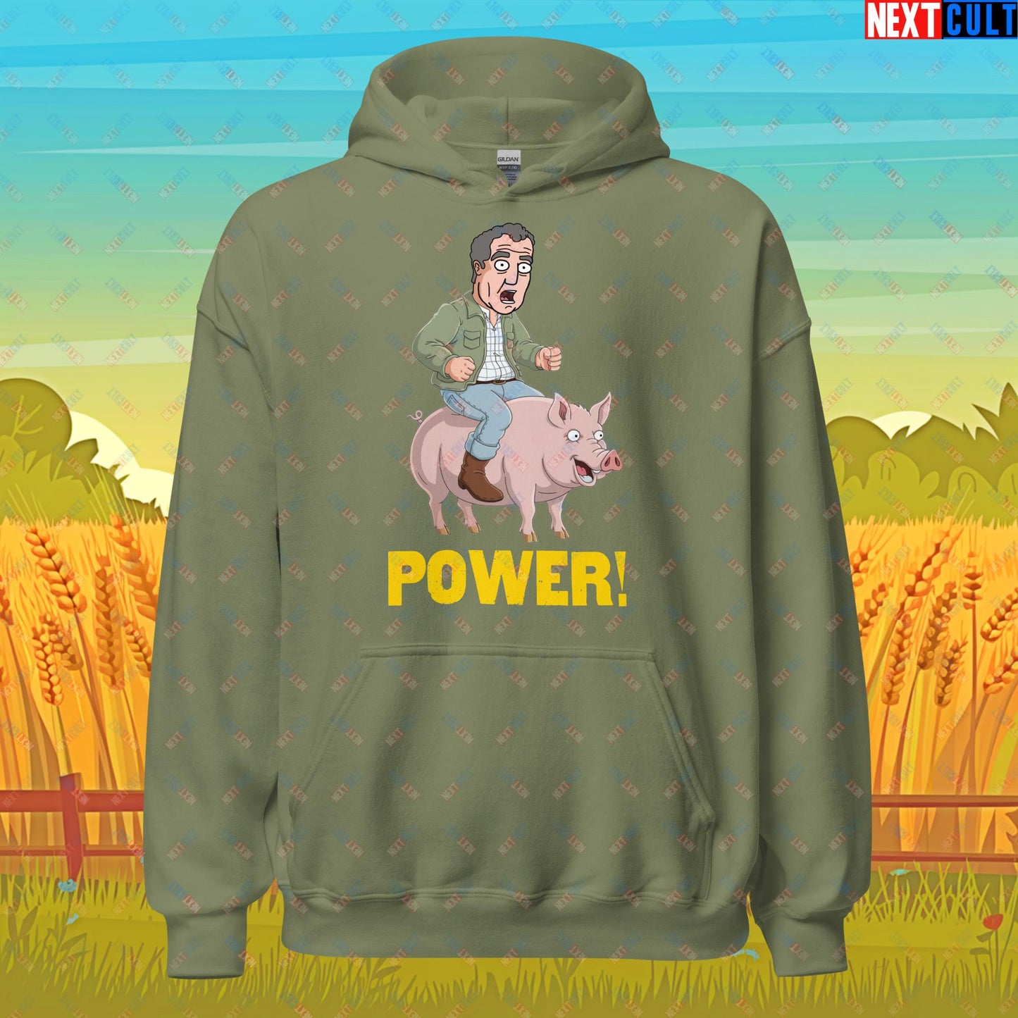 Power Pig Farming Jeremy Clarkson's Farm Diddly Squat Grand Tour Top Gear Funny Meme Cartoon Unisex Hoodie Military Green Hoodies Clarkson's Farm Grand Tour Jeremy Clarkson Top Gear TV Shows Next Cult Brand