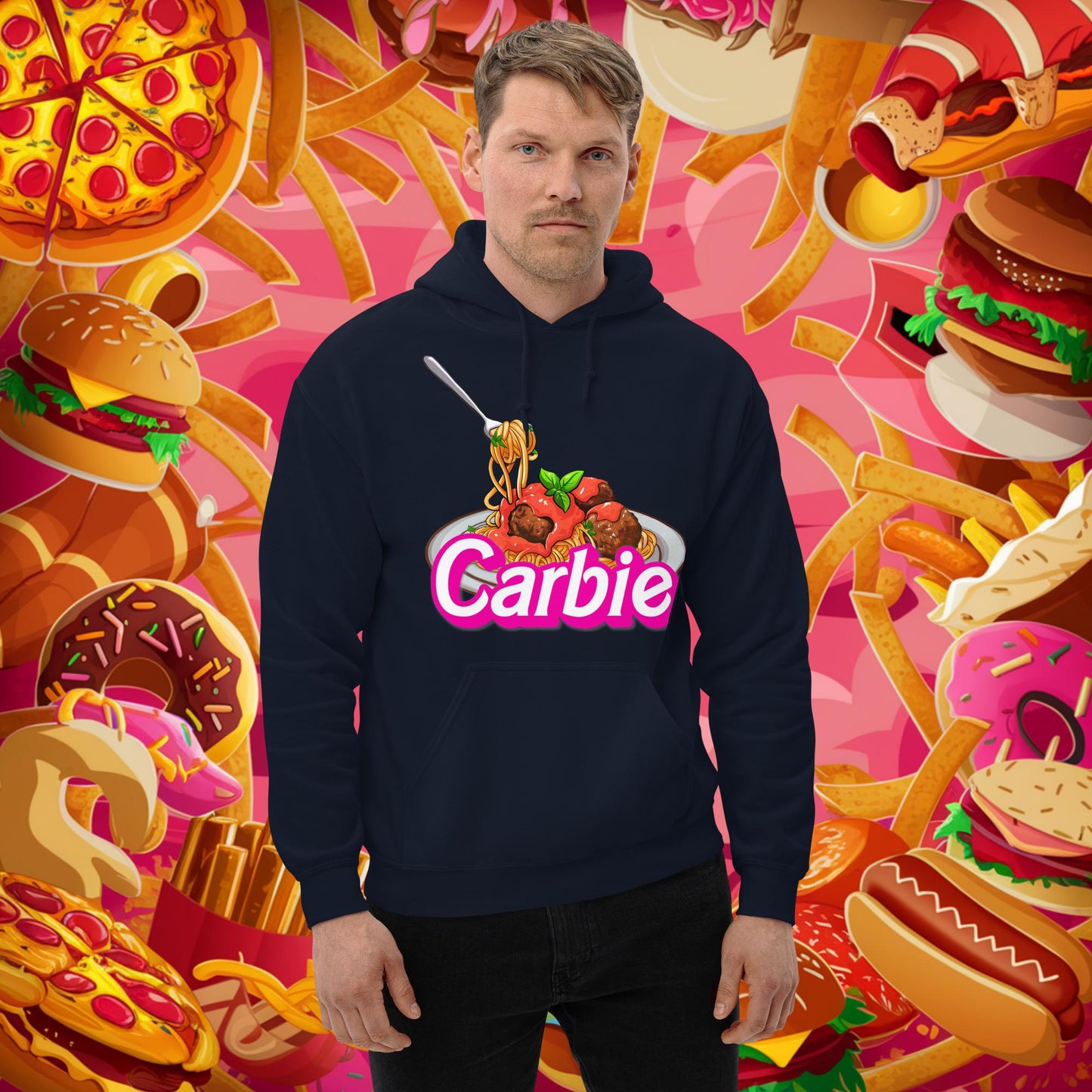 Carbie Barbie I Love Pasta I Love Carbs Unisex Hoodie Navy Hoodies Barbie Carbie Ken Movies Next Cult Brand