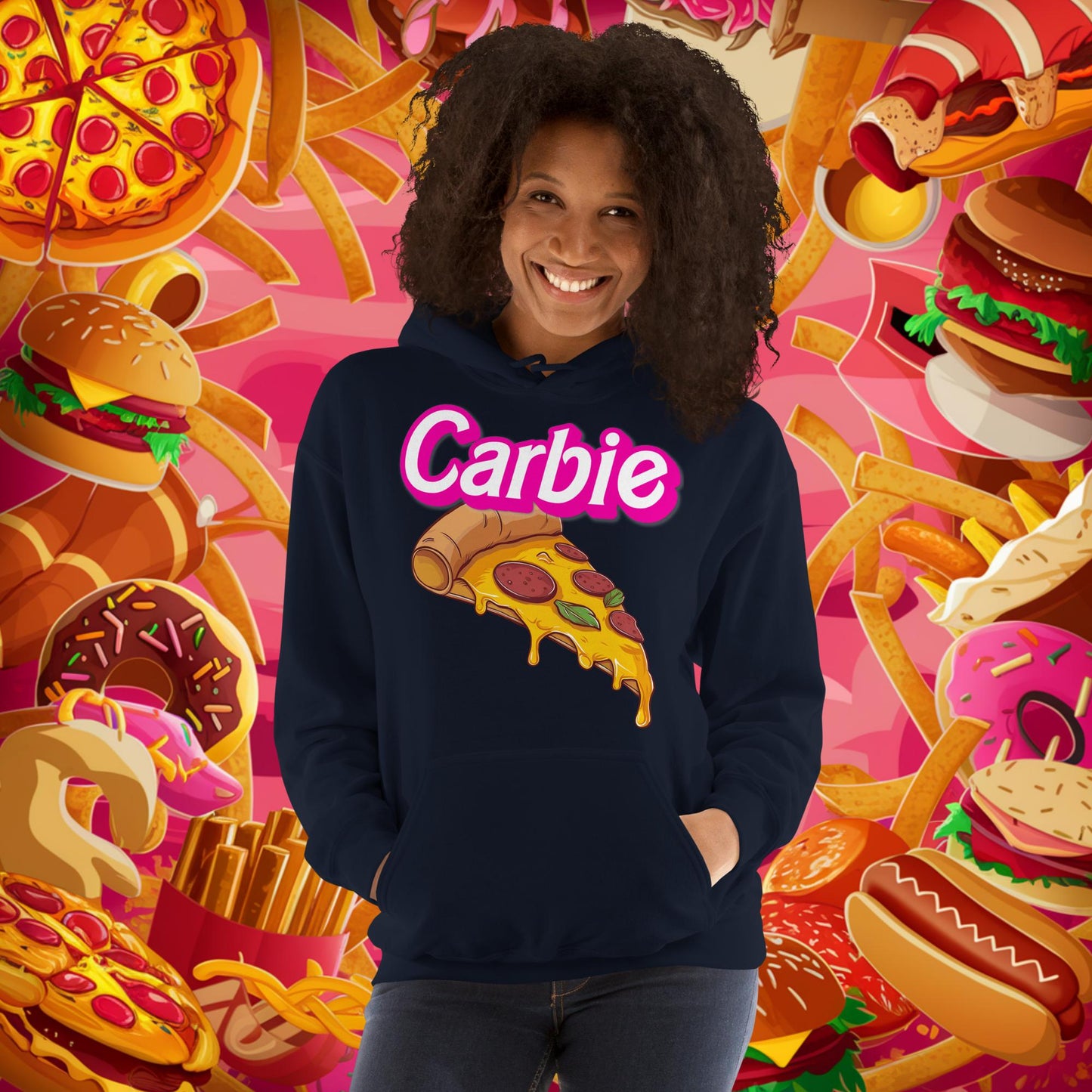 Carbie Barbie I Love Carbs I Love Pizza Unisex Hoodie Navy Hoodies Barbie Carbie Fast Food Ken Movies Pizza Next Cult Brand