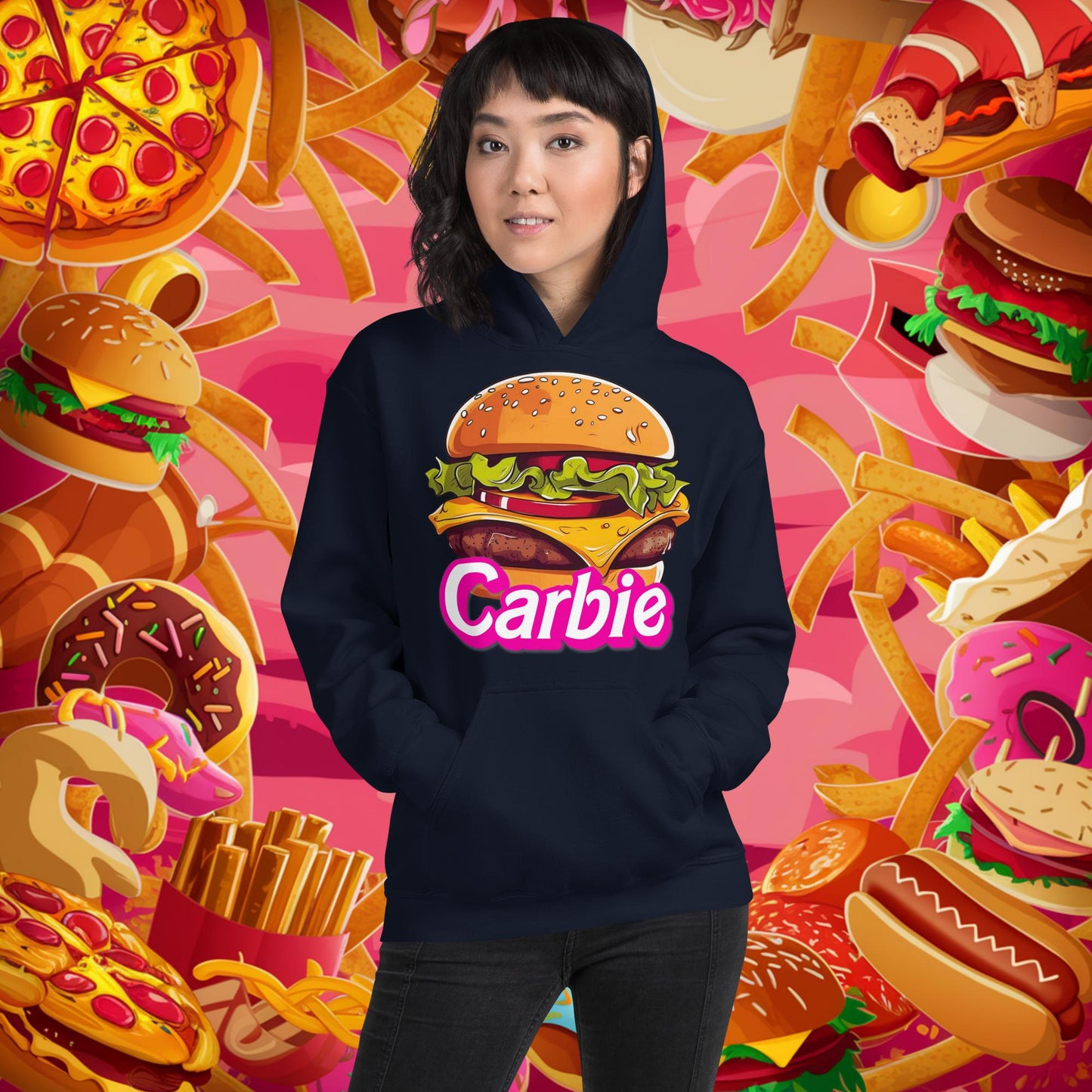 Carbie Barbie Cheeseburger Unisex Hoodie Navy Hoodies Barbie Burgers Carbie Fast Food Movies Next Cult Brand