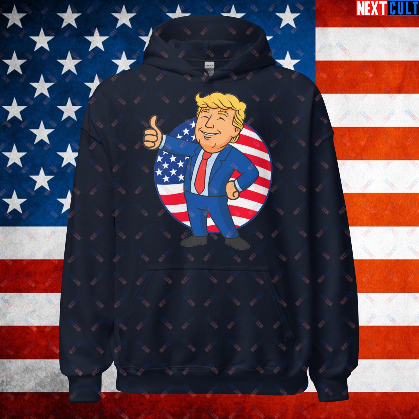 President Boy Donald Trump Politics Vault Boy Fallout Funny Meme Cartoon Mashup Unisex Hoodie Navy Hoodies Donald Trump Fallout Politics Republicans Vault Boy Next Cult Brand