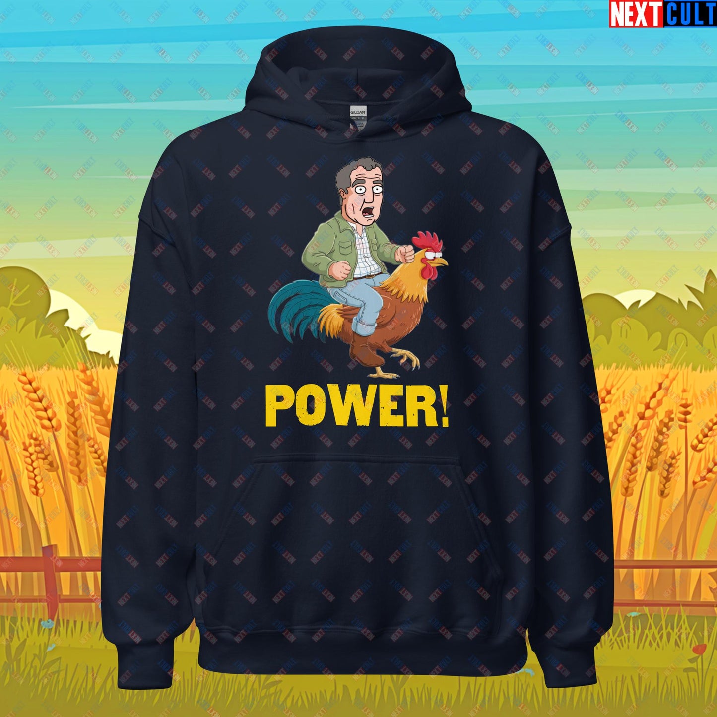 Power Rooster Chicken Farming Jeremy Clarkson's Farm Diddly Squat Grand Tour Top Gear Funny Meme Cartoon Unisex Hoodie Navy Hoodies Clarkson's Farm Grand Tour Jeremy Clarkson Top Gear TV Shows Next Cult Brand