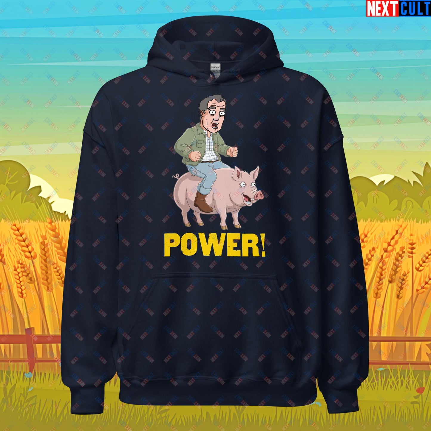 Power Pig Farming Jeremy Clarkson's Farm Diddly Squat Grand Tour Top Gear Funny Meme Cartoon Unisex Hoodie Navy Hoodies Clarkson's Farm Grand Tour Jeremy Clarkson Top Gear TV Shows Next Cult Brand