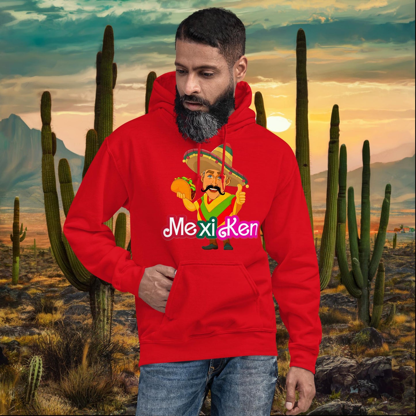 MexiKen Ken Barbie Movie Ryan Gosling Mexican Unisex Hoodie Red Hoodies Barbie Celebrities Ken Mexico Movies Ryan Gosling Next Cult Brand
