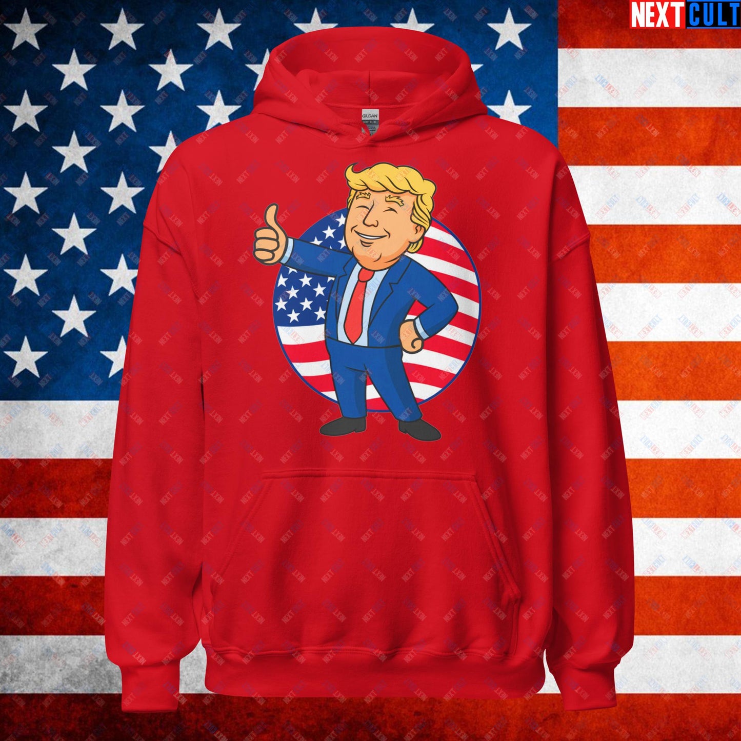 President Boy Donald Trump Politics Vault Boy Fallout Funny Meme Cartoon Mashup Unisex Hoodie Red Hoodies Donald Trump Fallout Politics Republicans Vault Boy Next Cult Brand