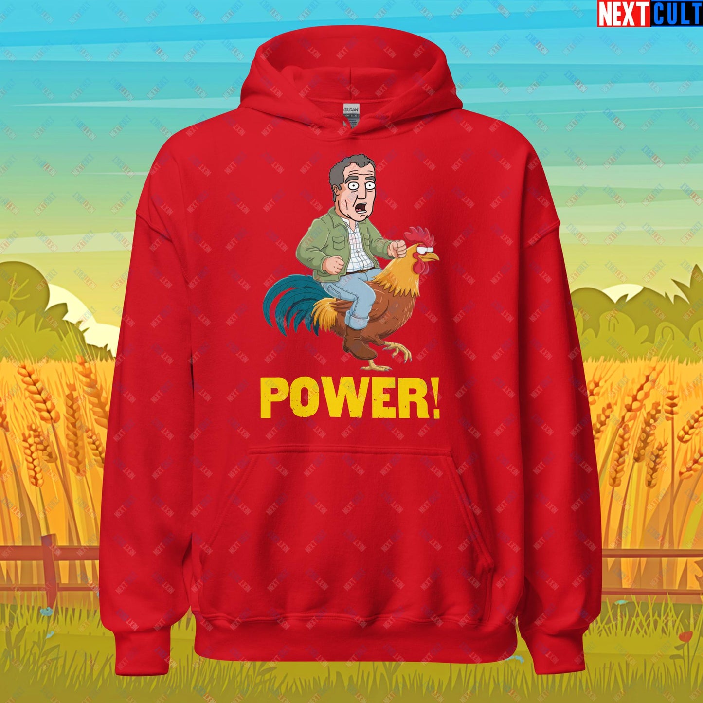 Power Rooster Chicken Farming Jeremy Clarkson's Farm Diddly Squat Grand Tour Top Gear Funny Meme Cartoon Unisex Hoodie Red Hoodies Clarkson's Farm Grand Tour Jeremy Clarkson Top Gear TV Shows Next Cult Brand