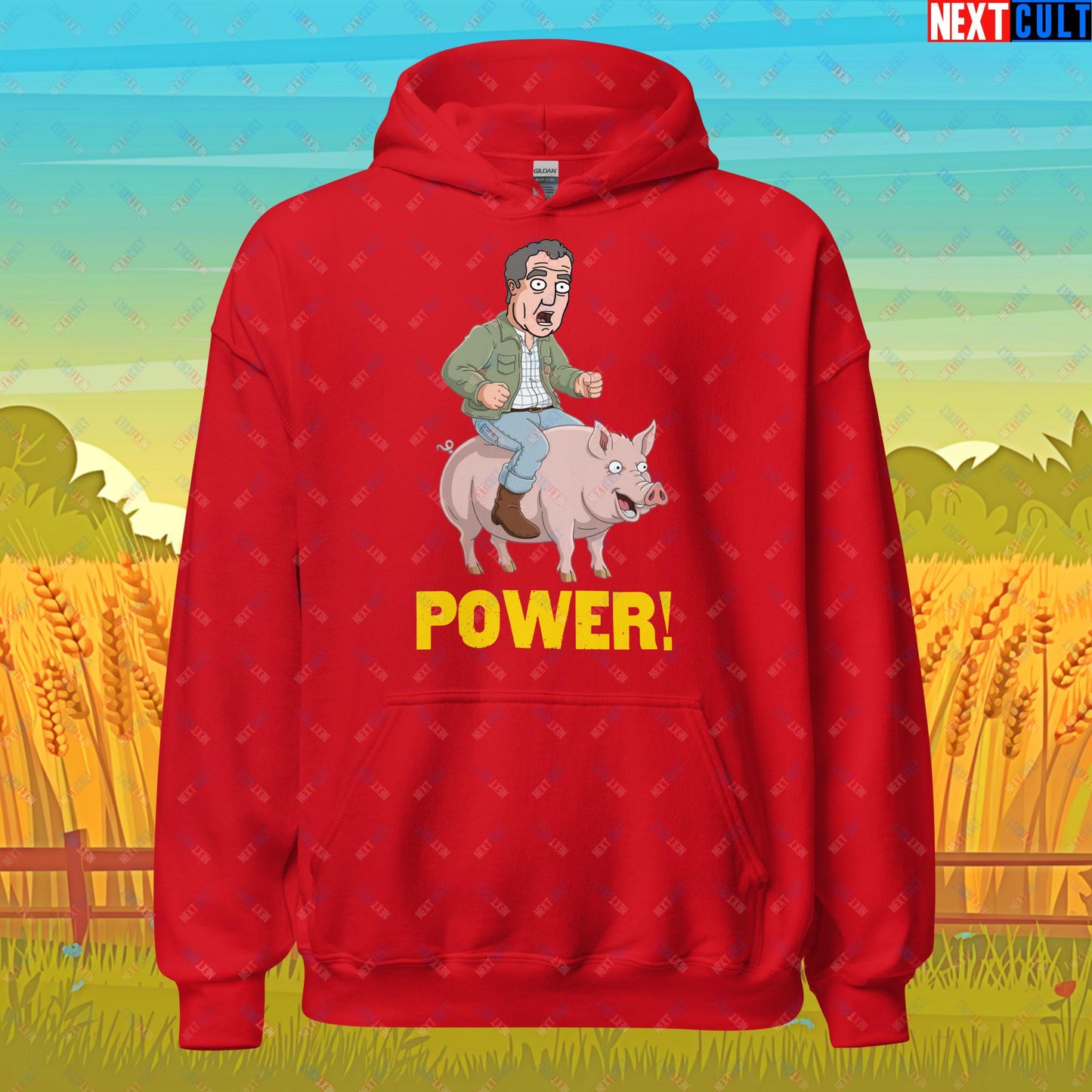 Power Pig Farming Jeremy Clarkson's Farm Diddly Squat Grand Tour Top Gear Funny Meme Cartoon Unisex Hoodie Red Hoodies Clarkson's Farm Grand Tour Jeremy Clarkson Top Gear TV Shows Next Cult Brand
