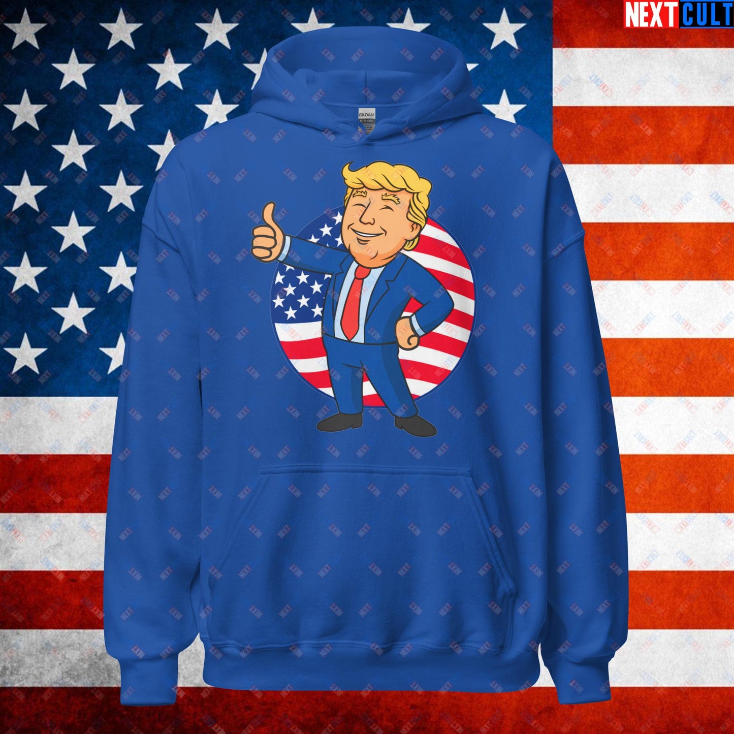 President Boy Donald Trump Politics Vault Boy Fallout Funny Meme Cartoon Mashup Unisex Hoodie Royal Hoodies Donald Trump Fallout Politics Republicans Vault Boy Next Cult Brand
