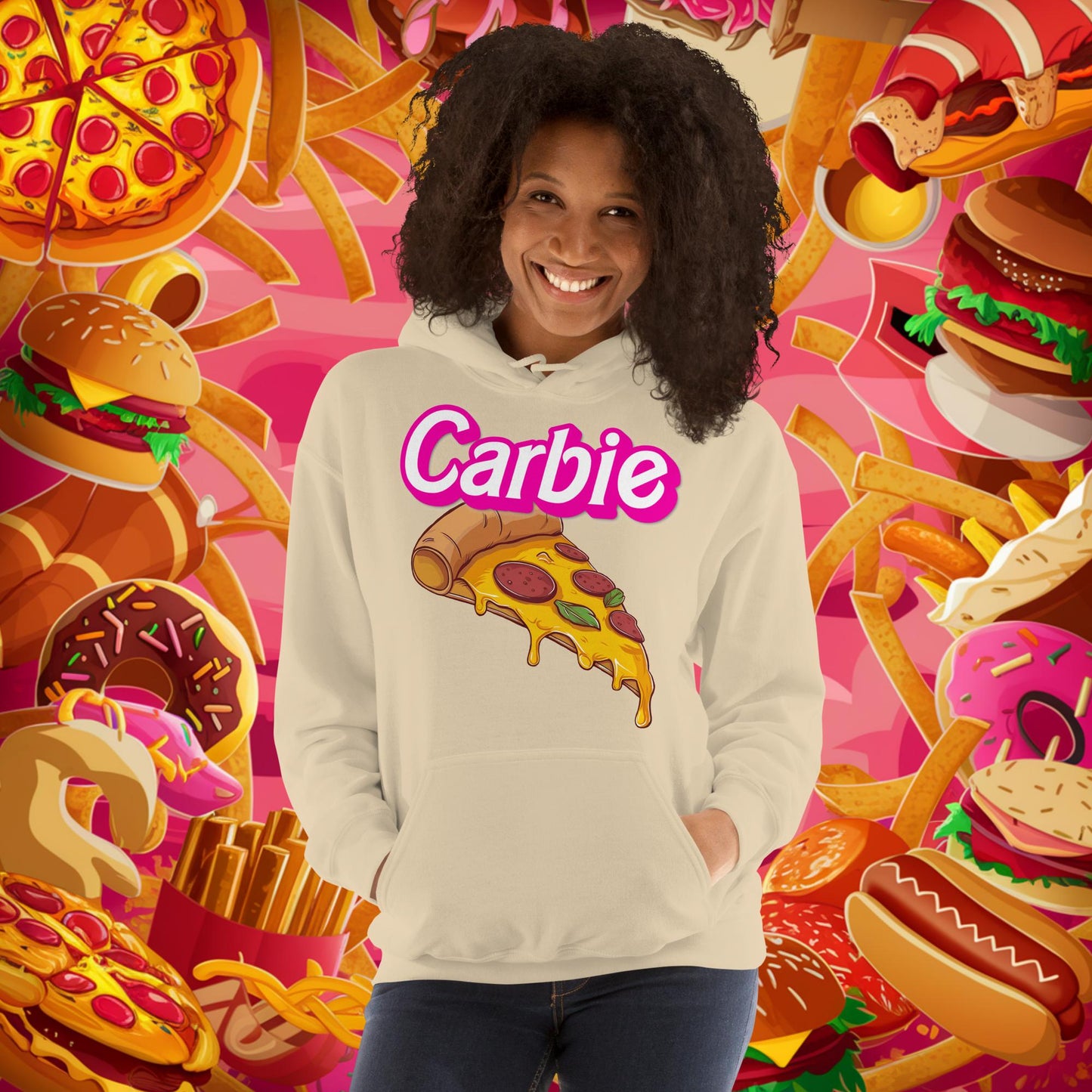 Carbie Barbie I Love Carbs I Love Pizza Unisex Hoodie Sand Hoodies Barbie Carbie Fast Food Ken Movies Pizza Next Cult Brand
