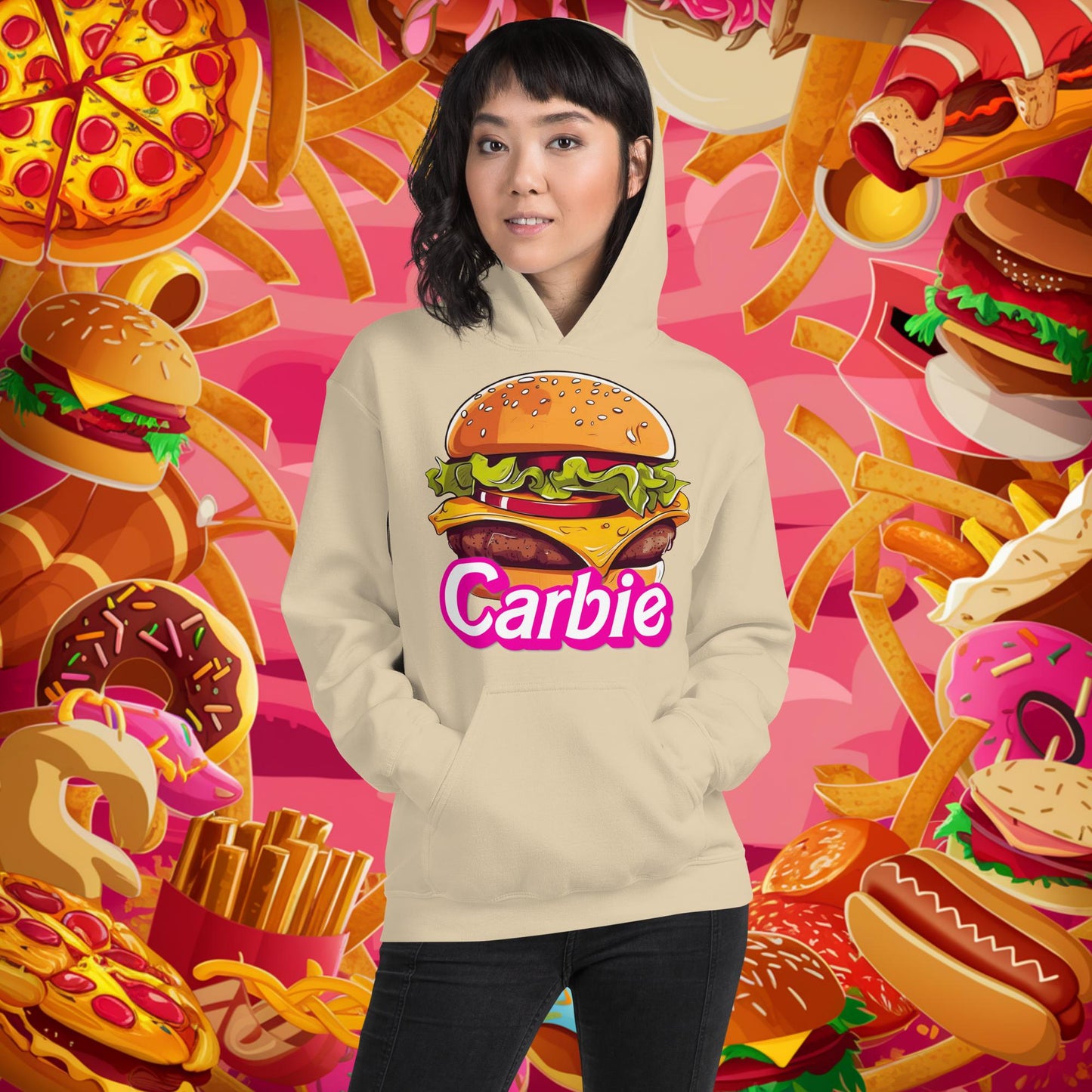 Carbie Barbie Cheeseburger Unisex Hoodie Sand Hoodies Barbie Burgers Carbie Fast Food Movies Next Cult Brand