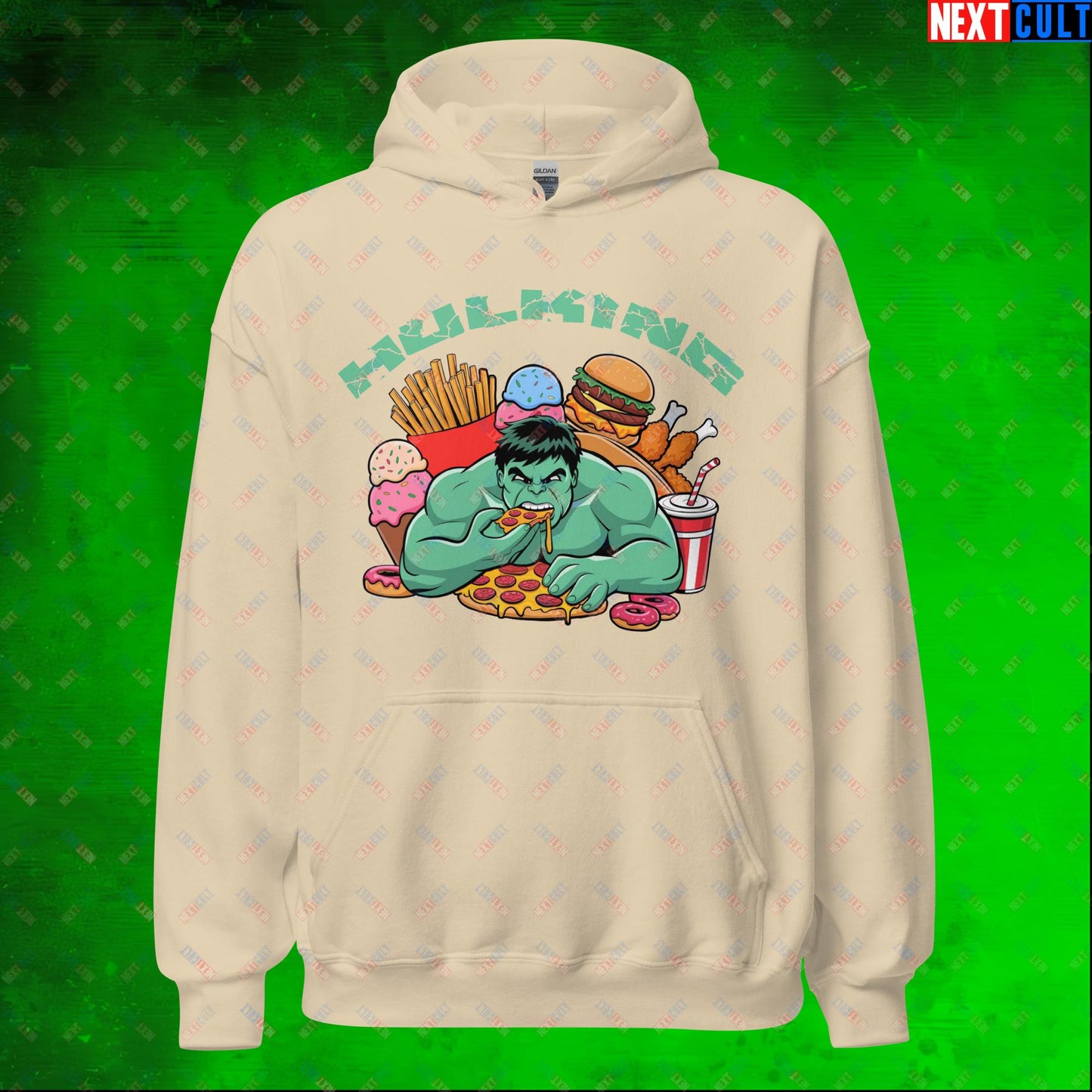 Hulking Bulking Funny Gym Meme Cartoon Unisex Hoodie Sand Hoodies Avengers Bulking Fast Food Fitness Gym Hulk Movies Workout Next Cult Brand
