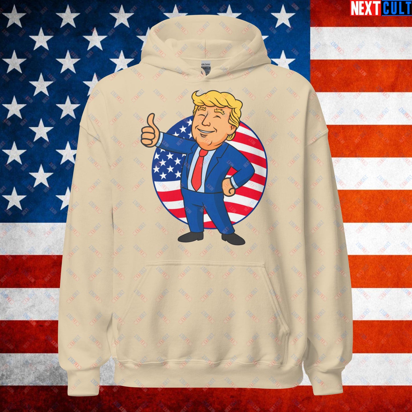 President Boy Donald Trump Politics Vault Boy Fallout Funny Meme Cartoon Mashup Unisex Hoodie Sand Hoodies Donald Trump Fallout Politics Republicans Vault Boy Next Cult Brand