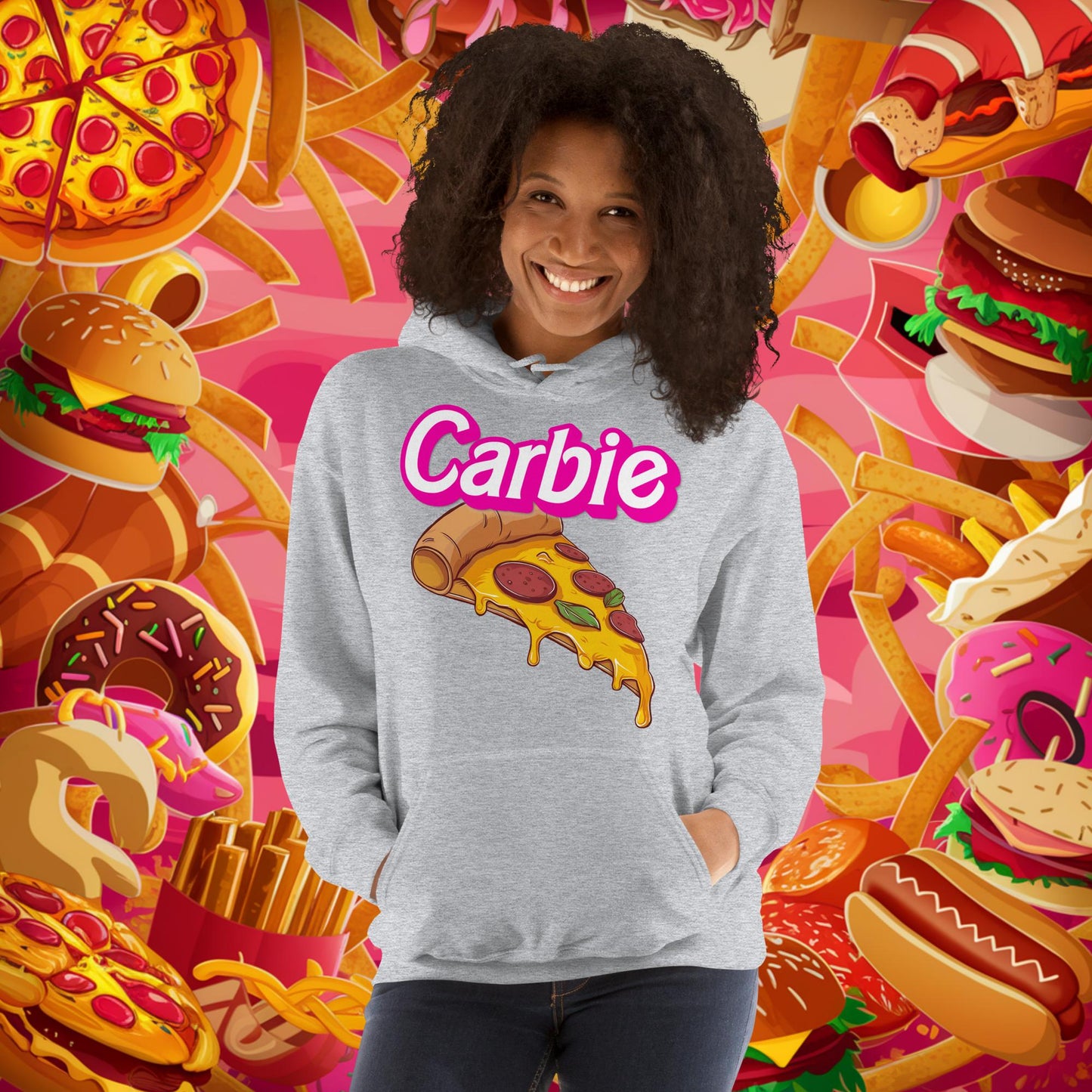 Carbie Barbie I Love Carbs I Love Pizza Unisex Hoodie Sport Grey Hoodies Barbie Carbie Fast Food Ken Movies Pizza Next Cult Brand