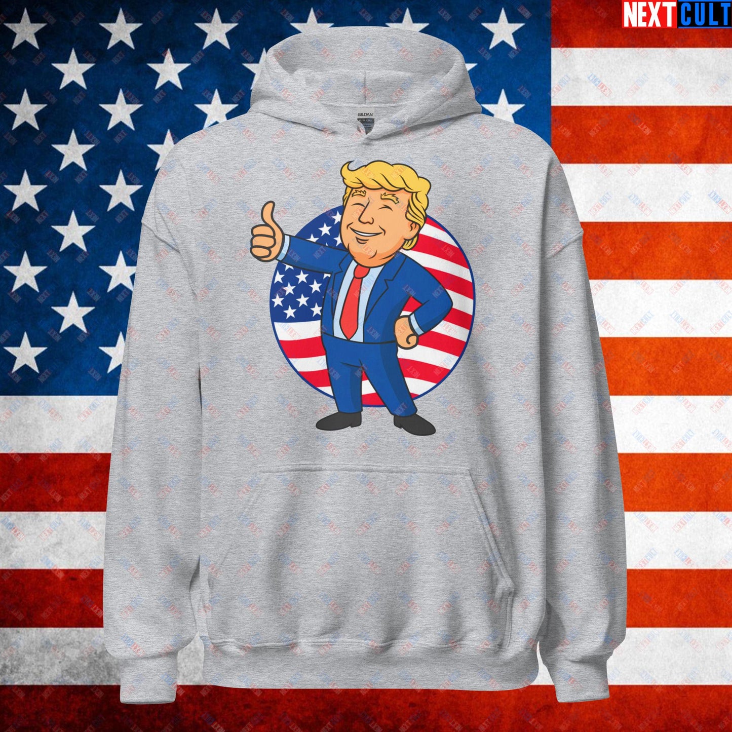 President Boy Donald Trump Politics Vault Boy Fallout Funny Meme Cartoon Mashup Unisex Hoodie Sport Grey Hoodies Donald Trump Fallout Politics Republicans Vault Boy Next Cult Brand
