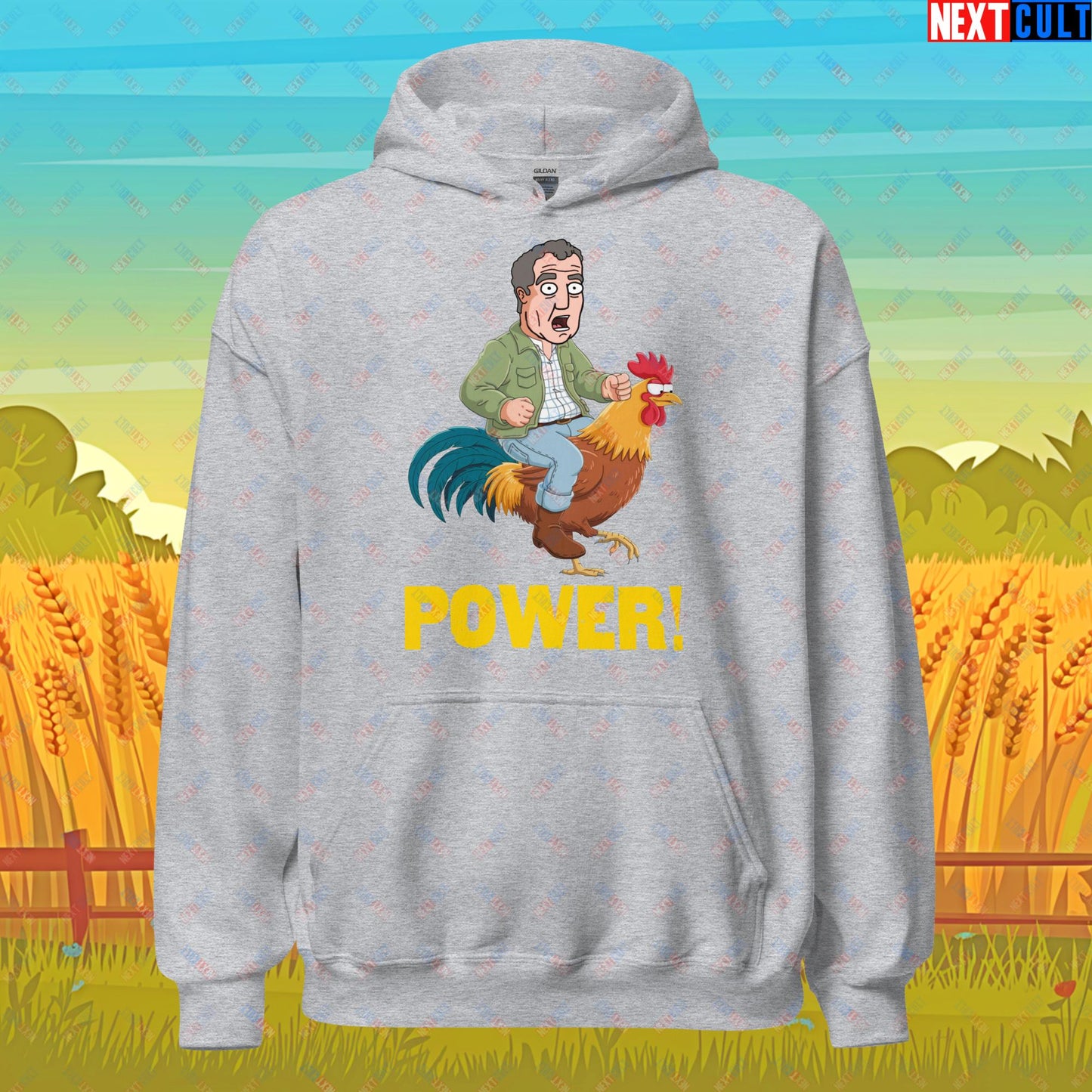 Power Rooster Chicken Farming Jeremy Clarkson's Farm Diddly Squat Grand Tour Top Gear Funny Meme Cartoon Unisex Hoodie Sport Grey Hoodies Clarkson's Farm Grand Tour Jeremy Clarkson Top Gear TV Shows Next Cult Brand