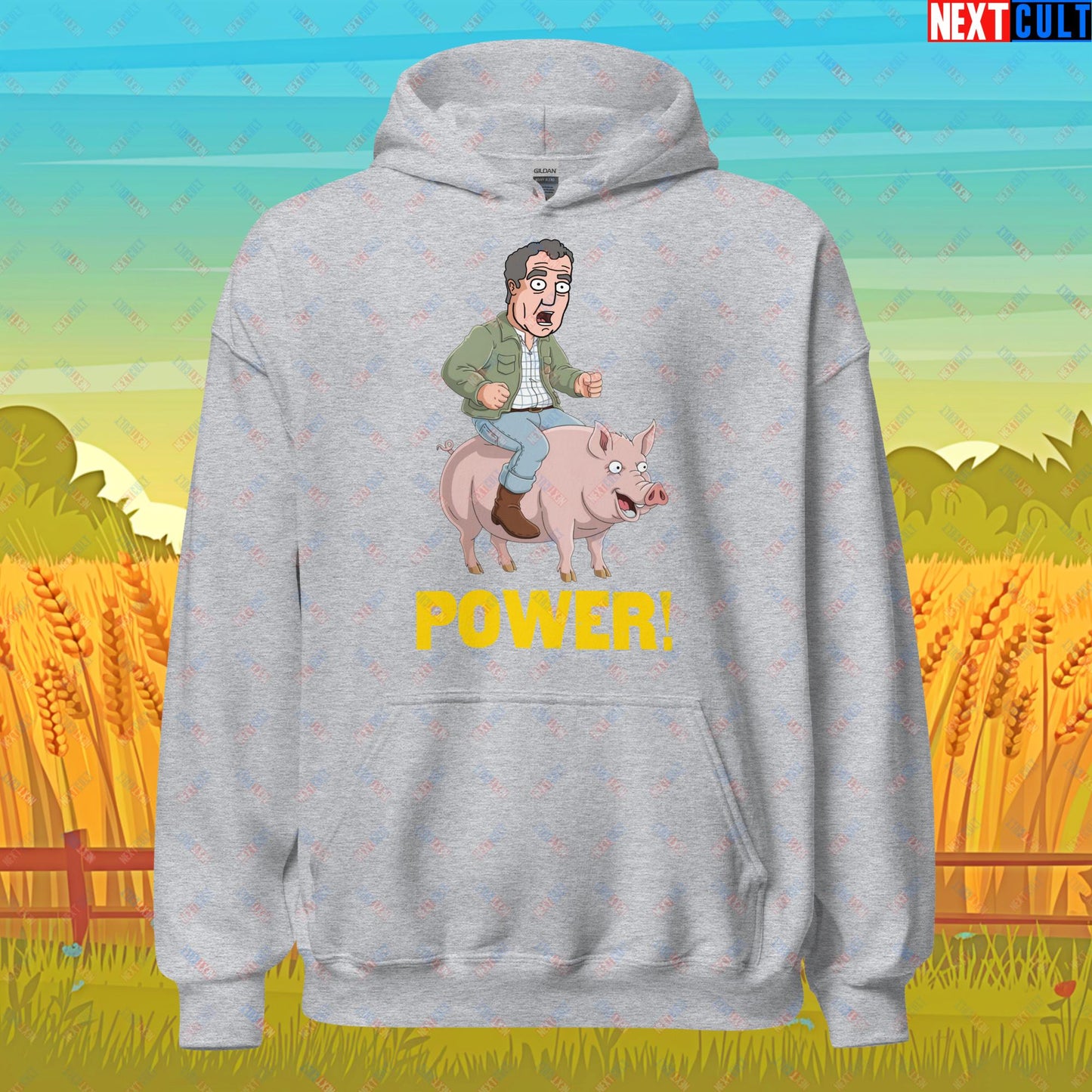 Power Pig Farming Jeremy Clarkson's Farm Diddly Squat Grand Tour Top Gear Funny Meme Cartoon Unisex Hoodie Sport Grey Hoodies Clarkson's Farm Grand Tour Jeremy Clarkson Top Gear TV Shows Next Cult Brand